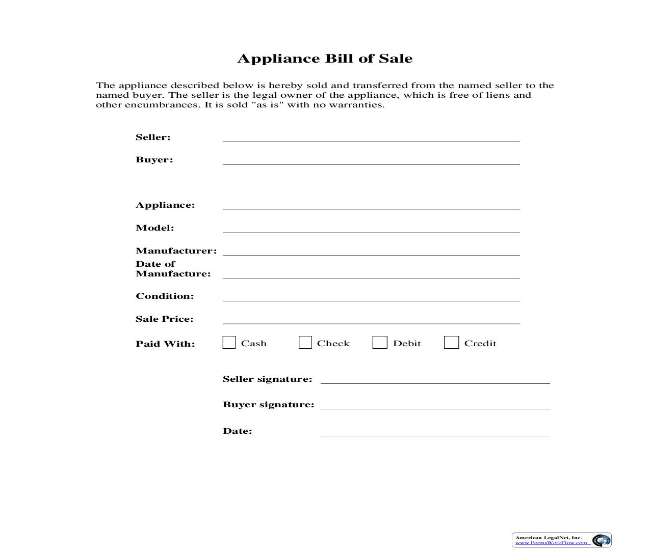 Appliance Bill Of Sale | Pdf Fpdf Doc Docx | Business Forms