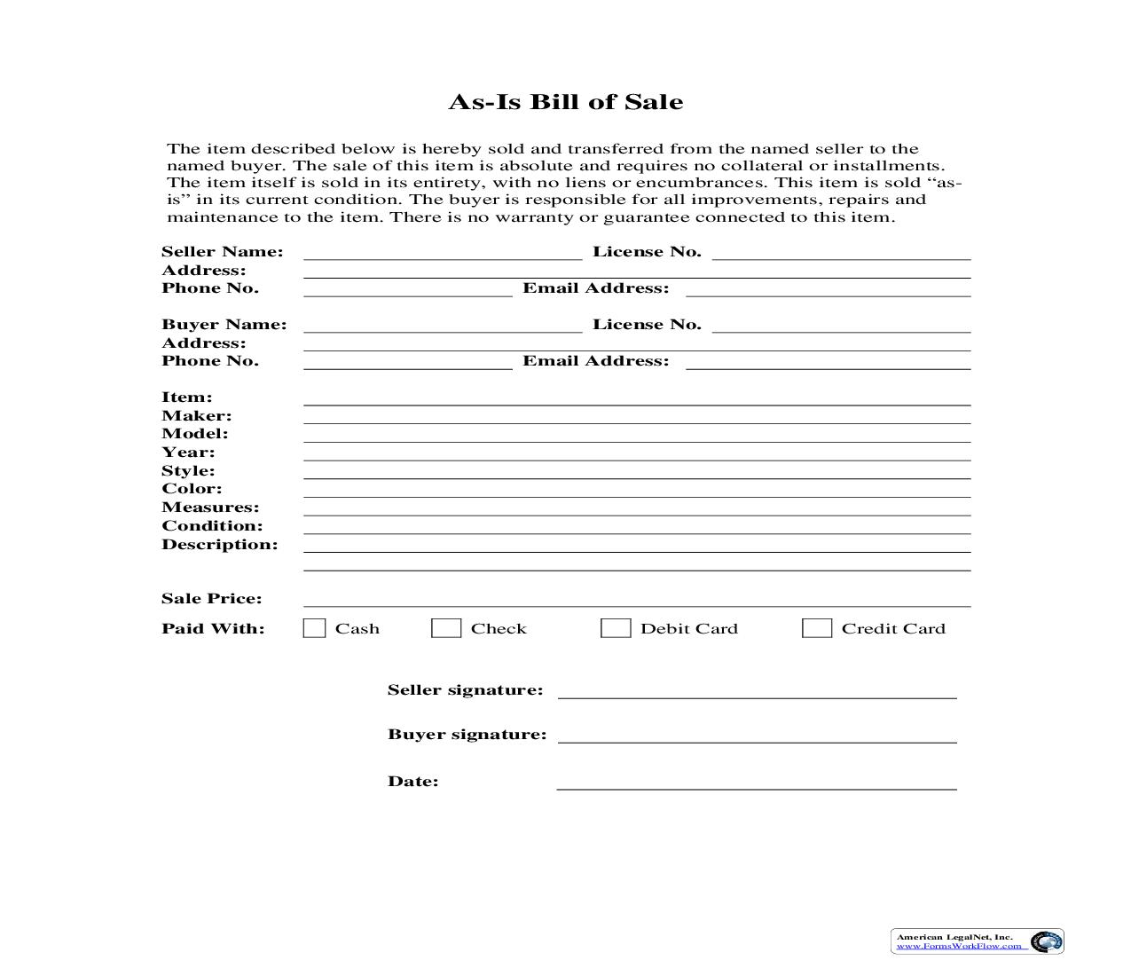 As-Is Bill Of Sale | Pdf Fpdf Doc Docx | Business Forms