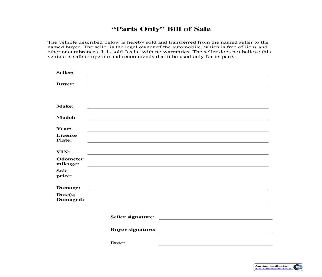 Bill Of Sale For Parts Only | Pdf Fpdf Doc Docx | Business Forms