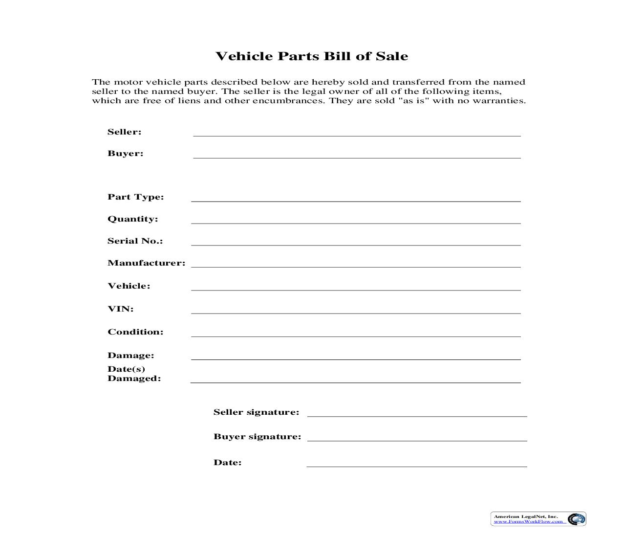 Bill Of Sale Vehicle Parts | Pdf Fpdf Doc Docx | Business Forms
