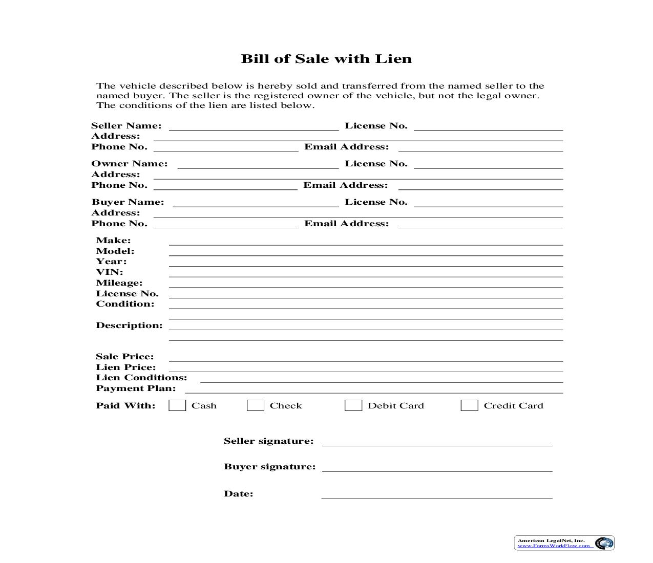 Bill Of Sale With Lien | Pdf Fpdf Doc Docx | Business Forms
