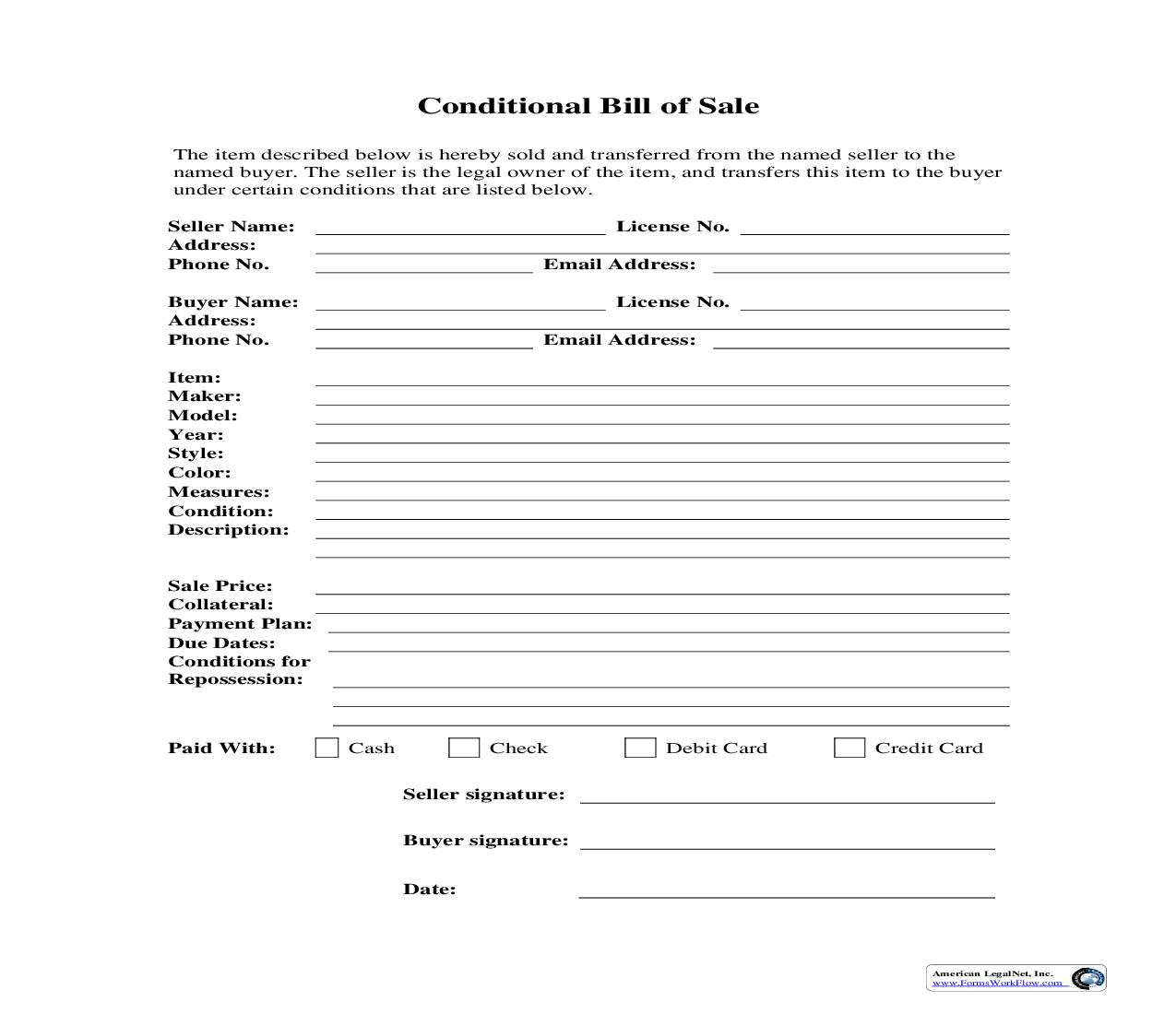 Conditional Bill Of Sale | Pdf Fpdf Doc Docx | Business Forms