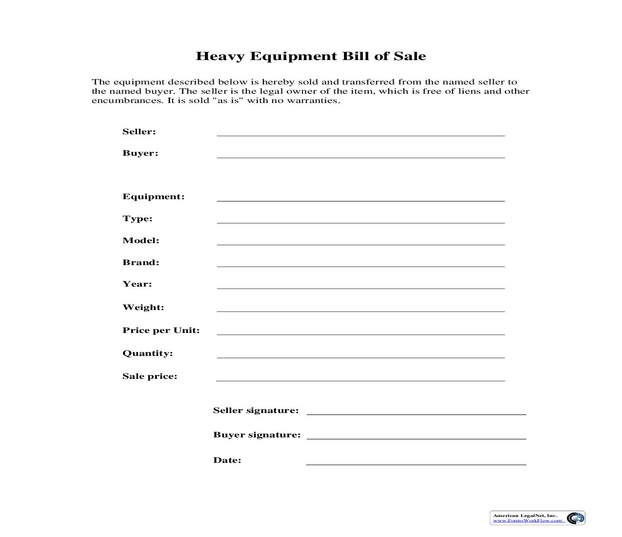 Heavy Equipment Bill Of Sale | Pdf Fpdf Doc Docx | Business Forms