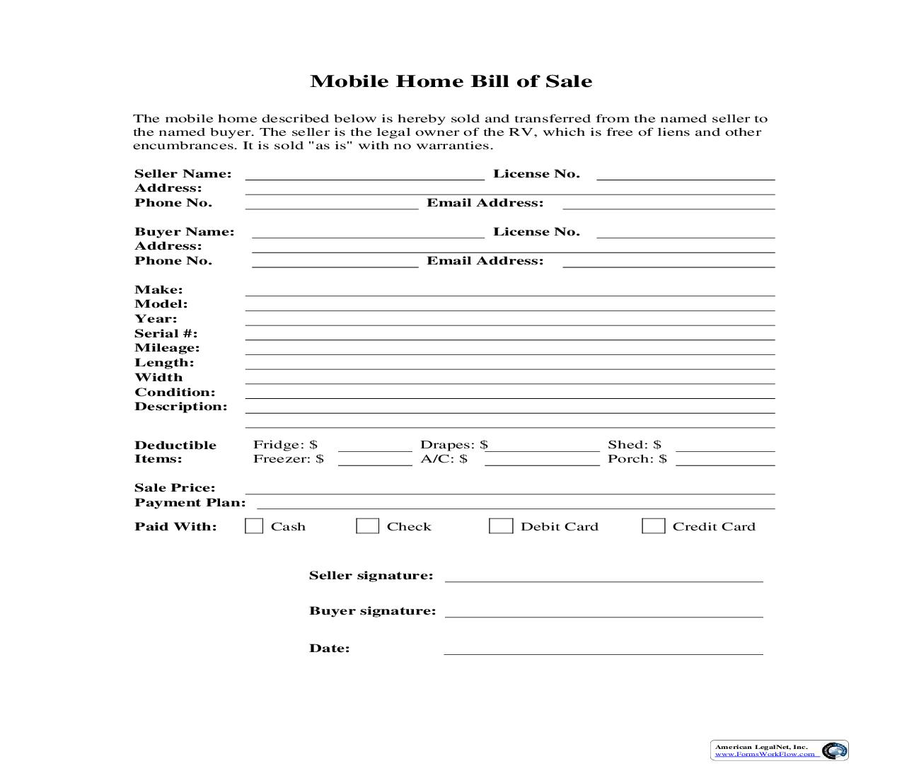 Mobile Home Bill Of Sale | Pdf Fpdf Doc Docx | Business Forms