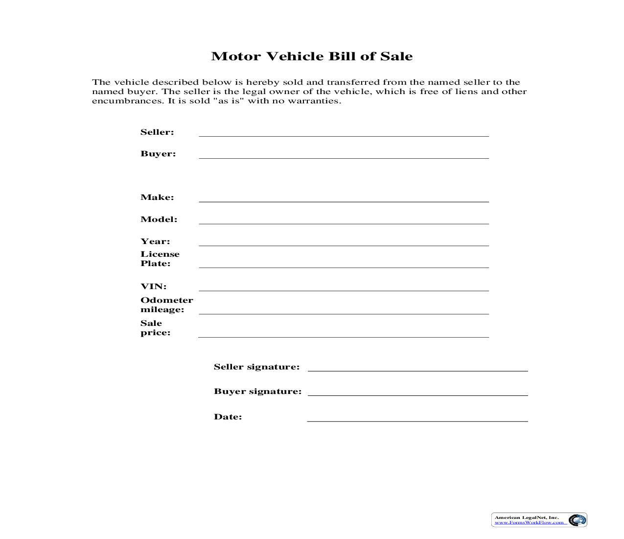 Motor Vehicle Bill Of Sale | Pdf Fpdf Doc Docx | Business Forms
