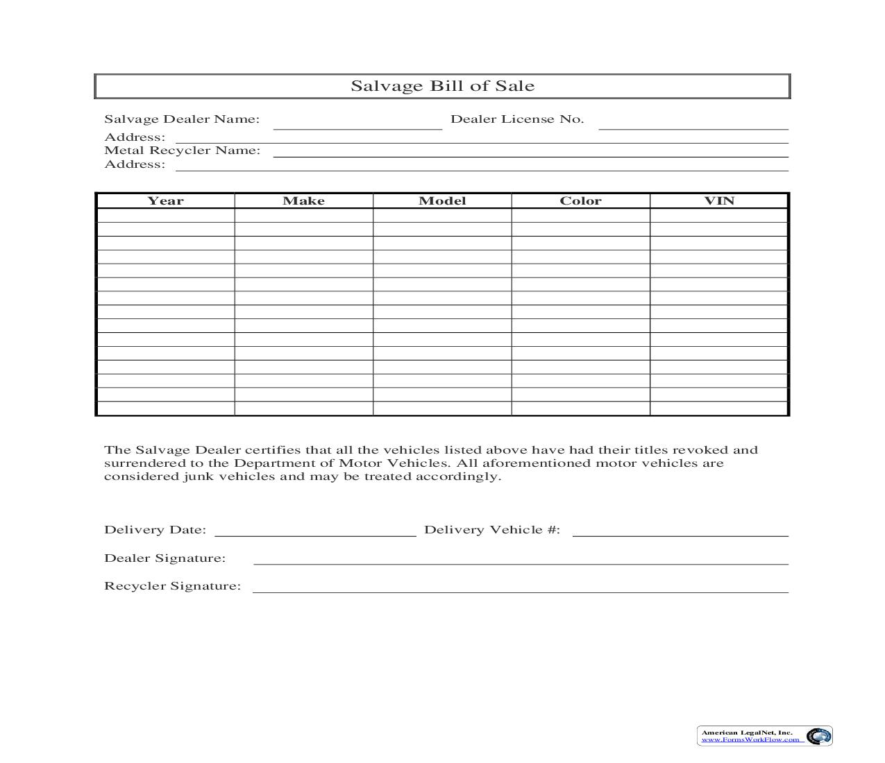 Salvage Bill Of Sale | Pdf Fpdf Doc Docx | Business Forms