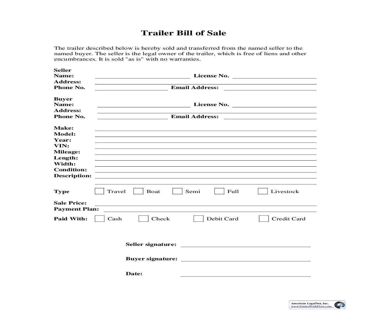 Trailer Bill Of Sale | Pdf Fpdf Doc Docx | Business Forms