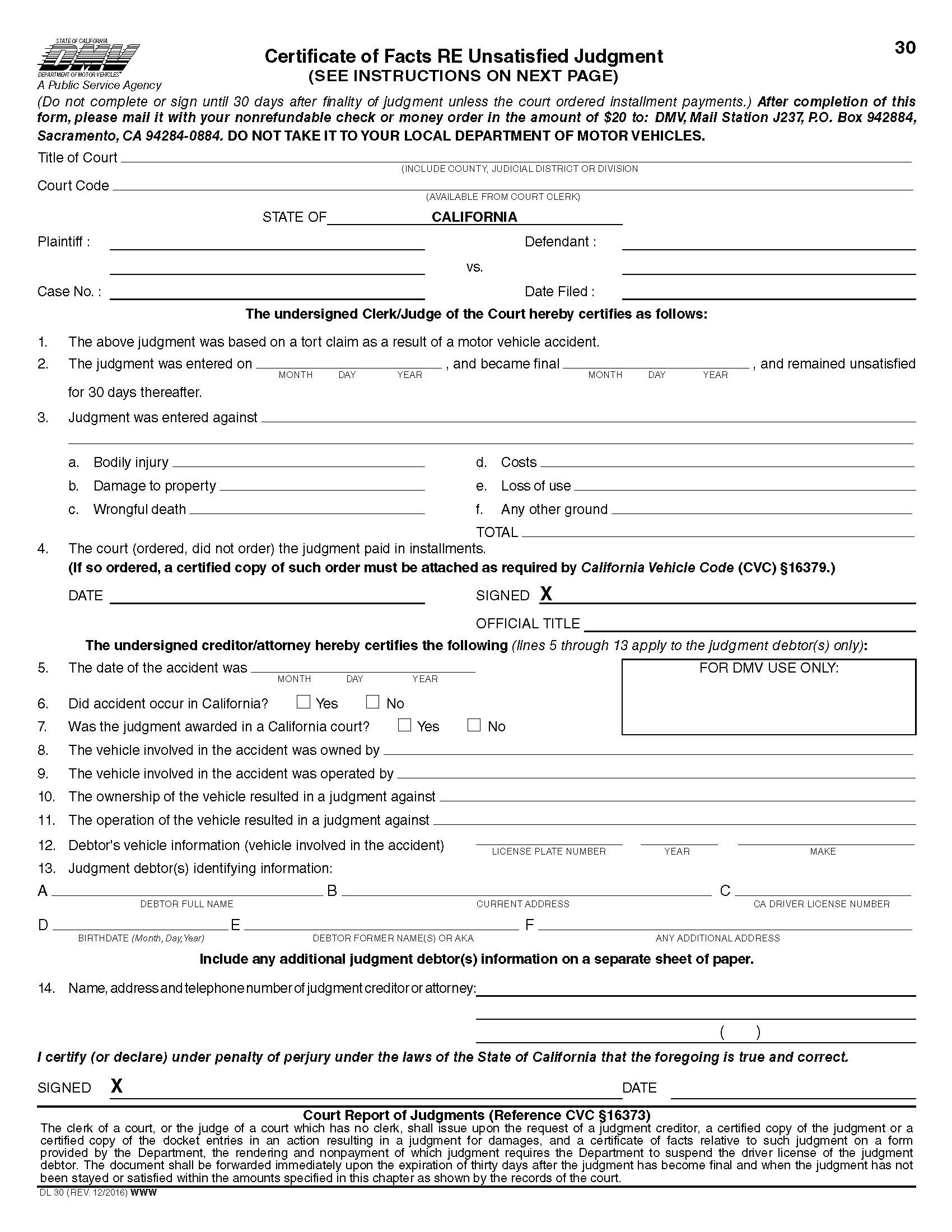 Certificate Of Facts RE Unsatisfied Judgment {DL-30} | Pdf Fpdf Docx | California