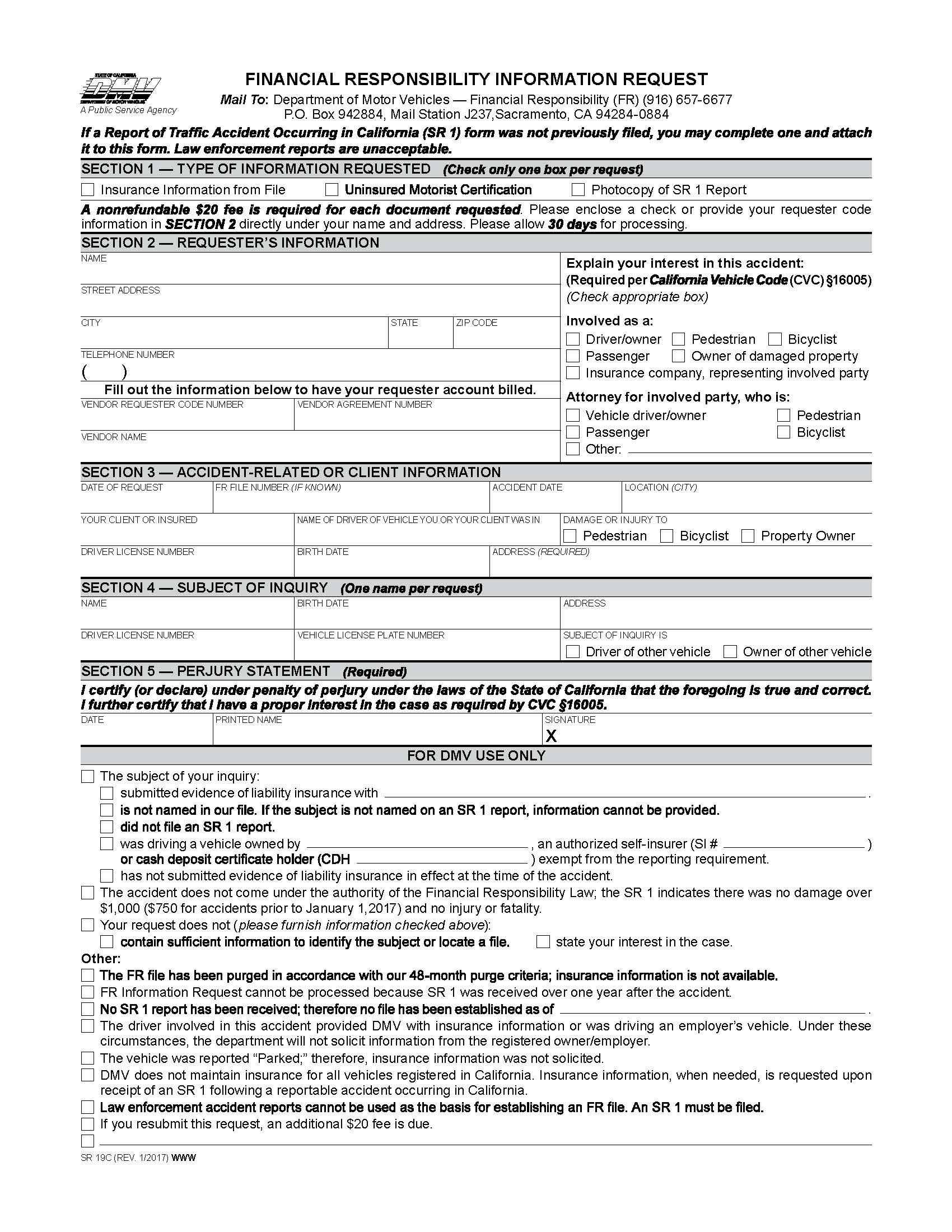 Financial Responsibility Information Request {SR 19C} | Pdf Fpdf Doc Docx | California