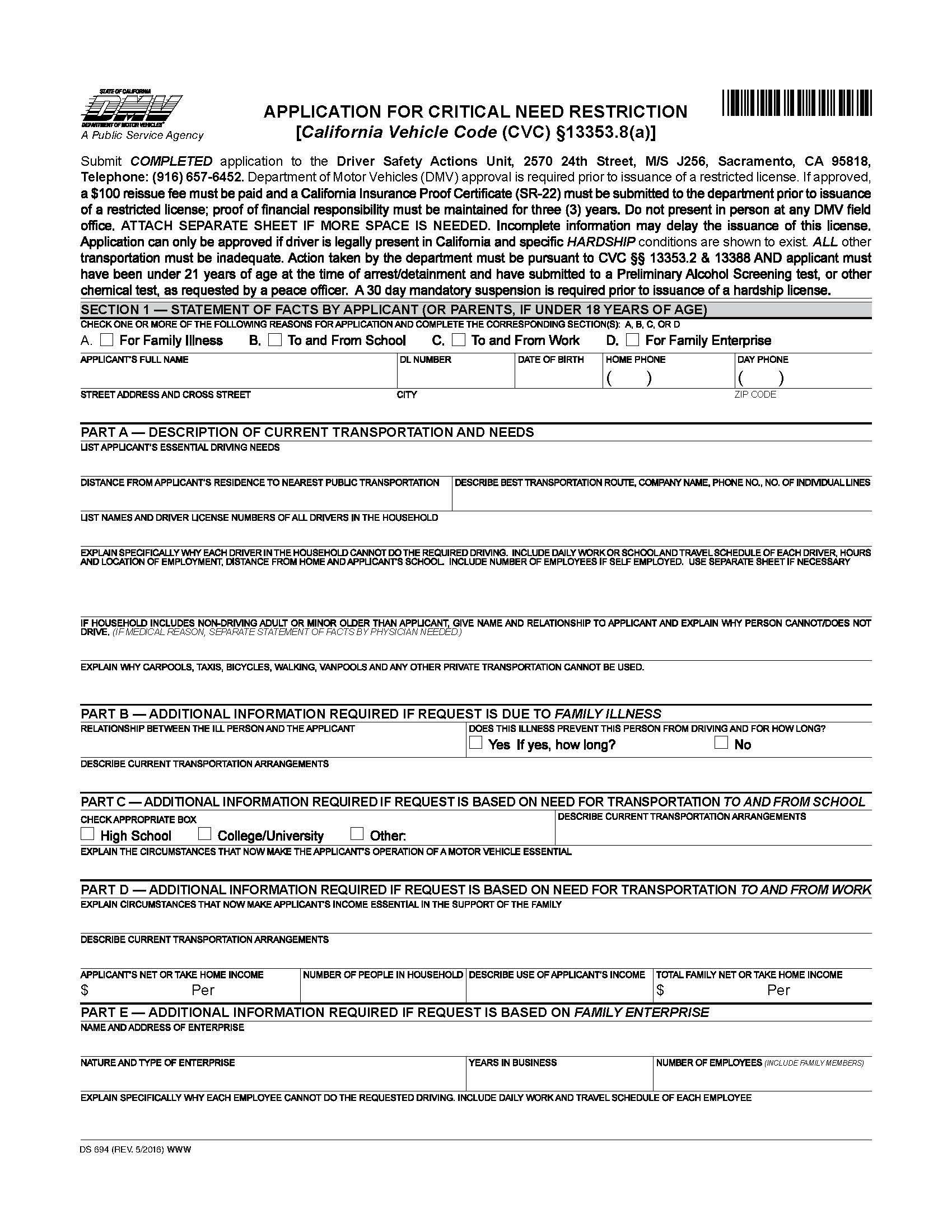 Application For Critical Need Restriction {DS 694} | Pdf Fpdf Doc Docx | California