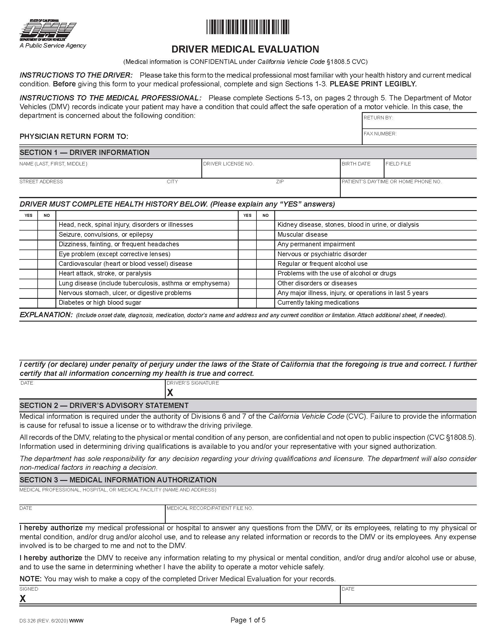Driver Medical Evaluation {DS 326} | Pdf Fpdf Doc Docx | California