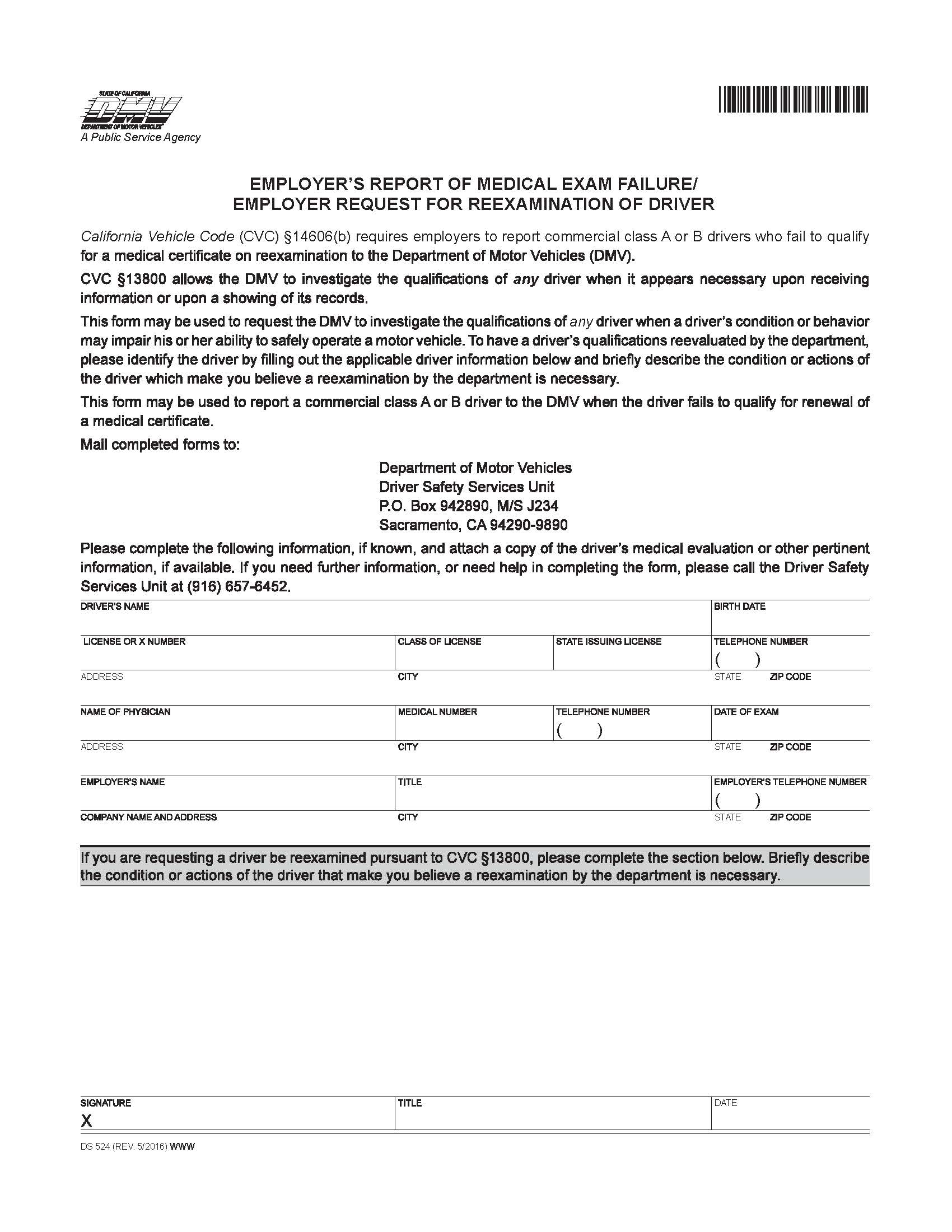 Employers Report Of Medical Exam Failure-Request For Reexamination Of Driver {DS 524} | Pdf Fpdf Doc Docx | California