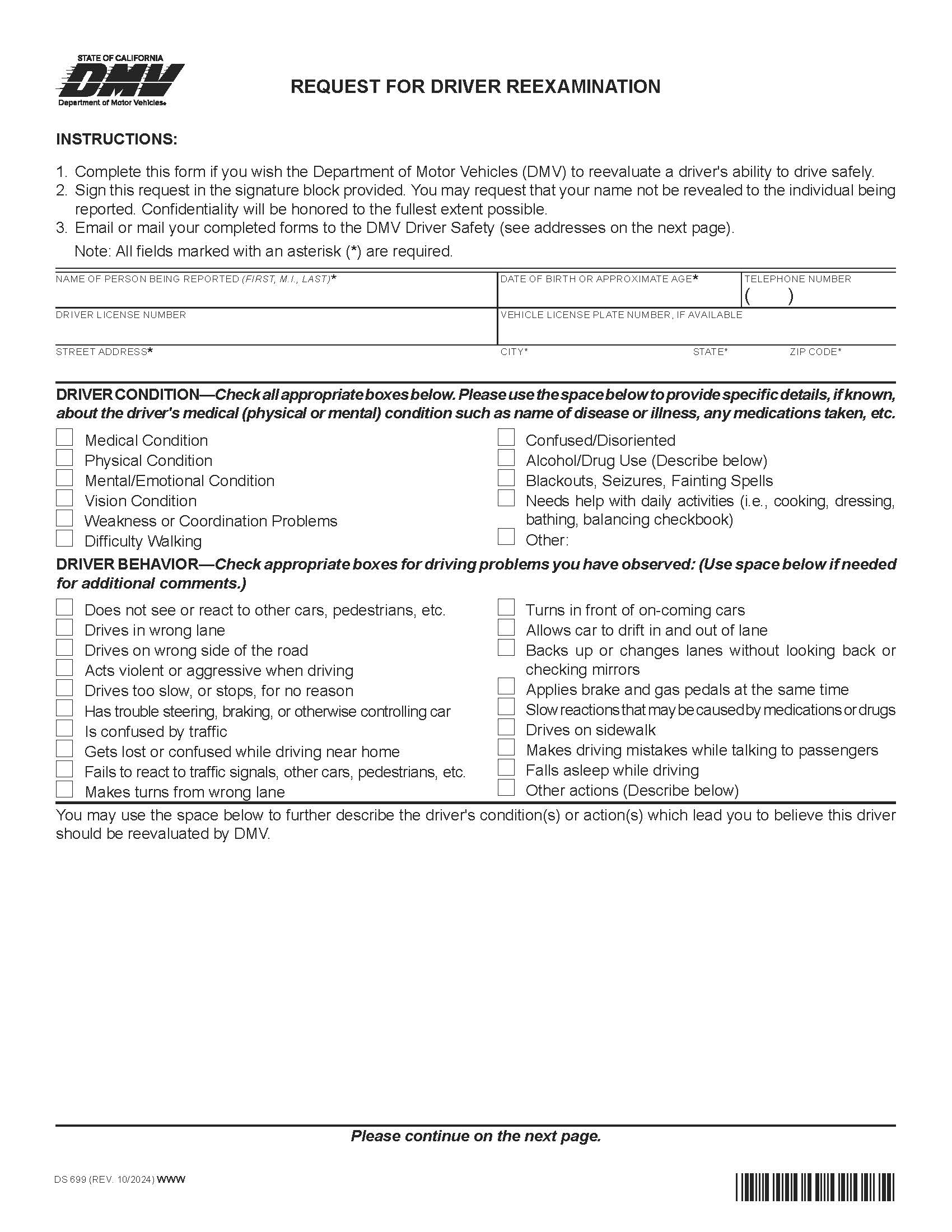 Request For Driver Examination {DS-699} | Pdf Fpdf Docx | California