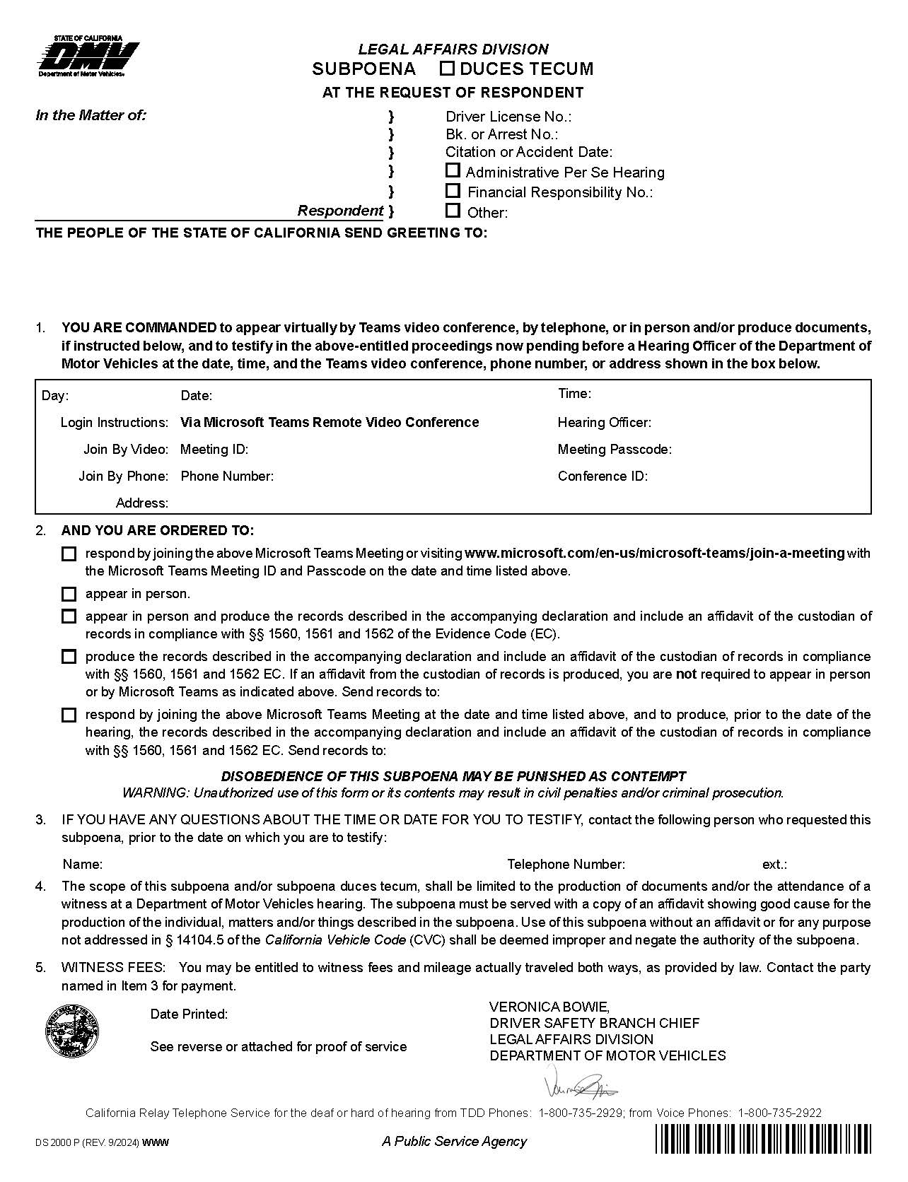 Subpoena Duces Tecum-Affidavit In Support Of Subpoena Or Subpoena Duces Tecum {DS 2000P} | Pdf Fpdf Doc Docx | California