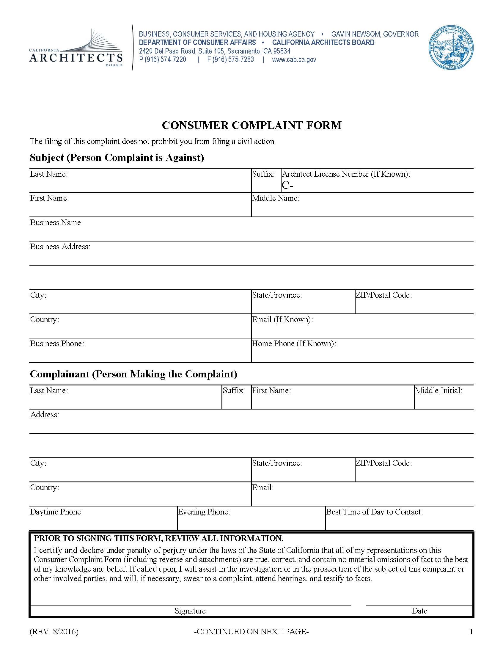 Consumer Complaint Form | Pdf Fpdf Docx | California