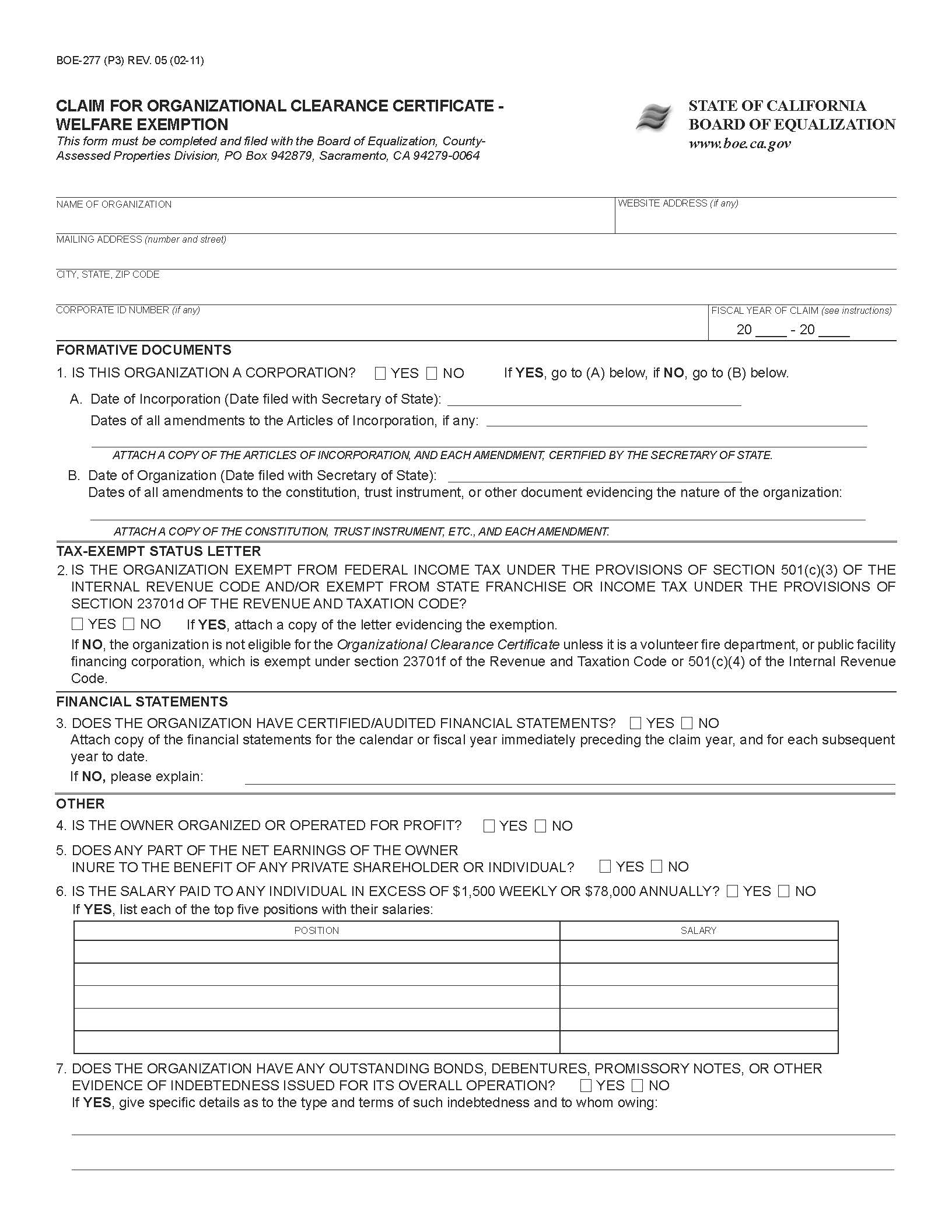 Claim For Organizational Clearance Certificate-Welfare Exemption {BOE-277} | Pdf Fpdf Doc Docx | California