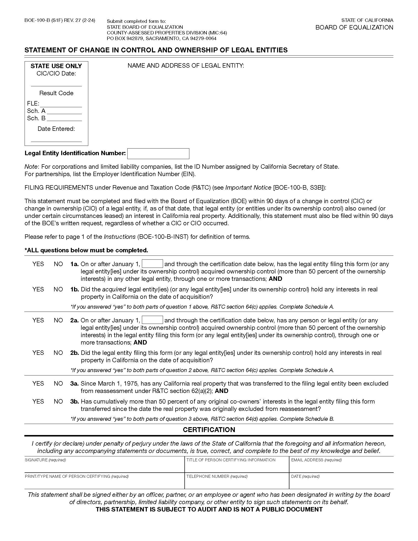 Statement Of Change In Control And Ownership Of Legal Entities {BOE-100-B} | Pdf Fpdf Docx | California
