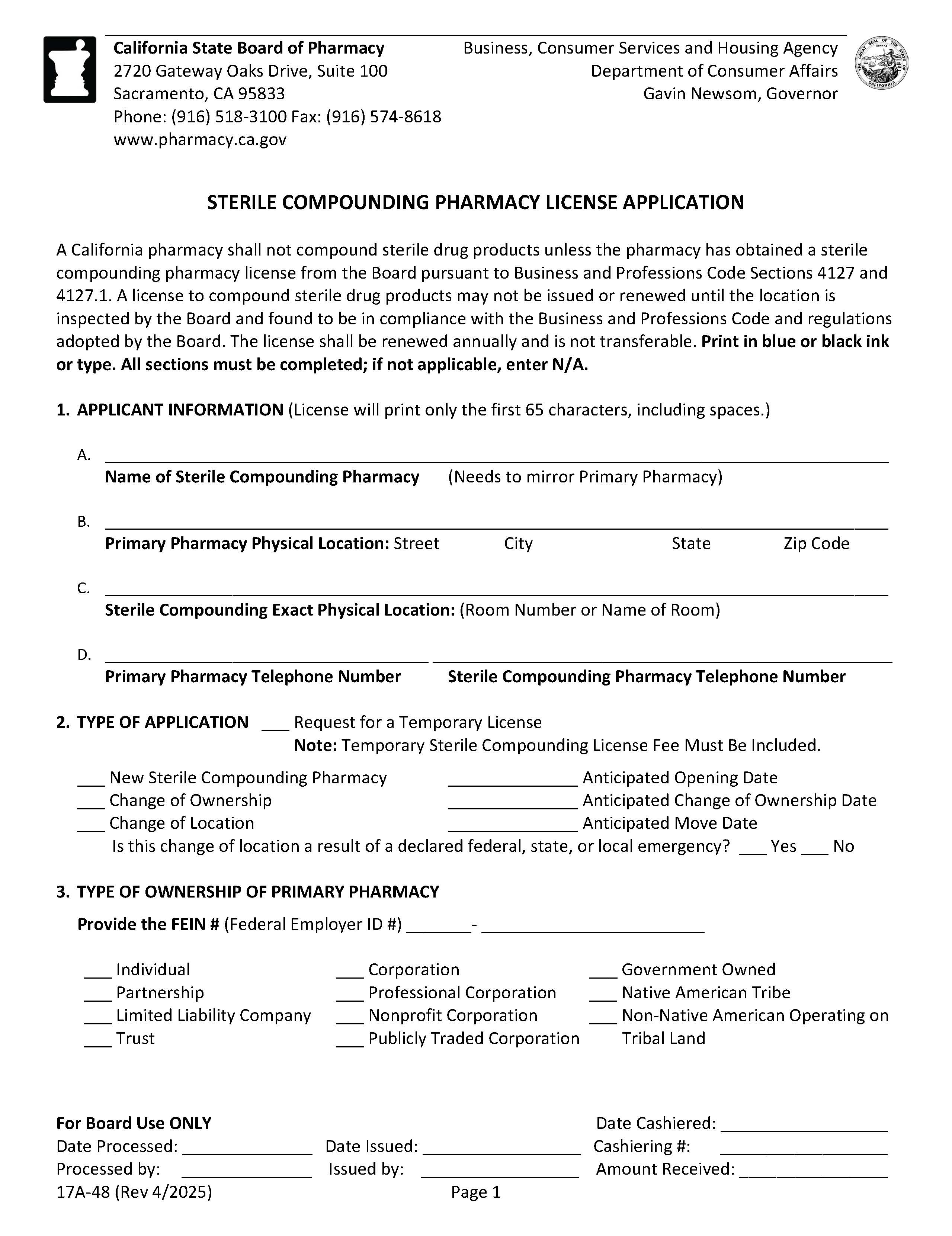 Application For A Sterile Compounding Pharmacy License {17A-48} | Pdf Fpdf Docx | California