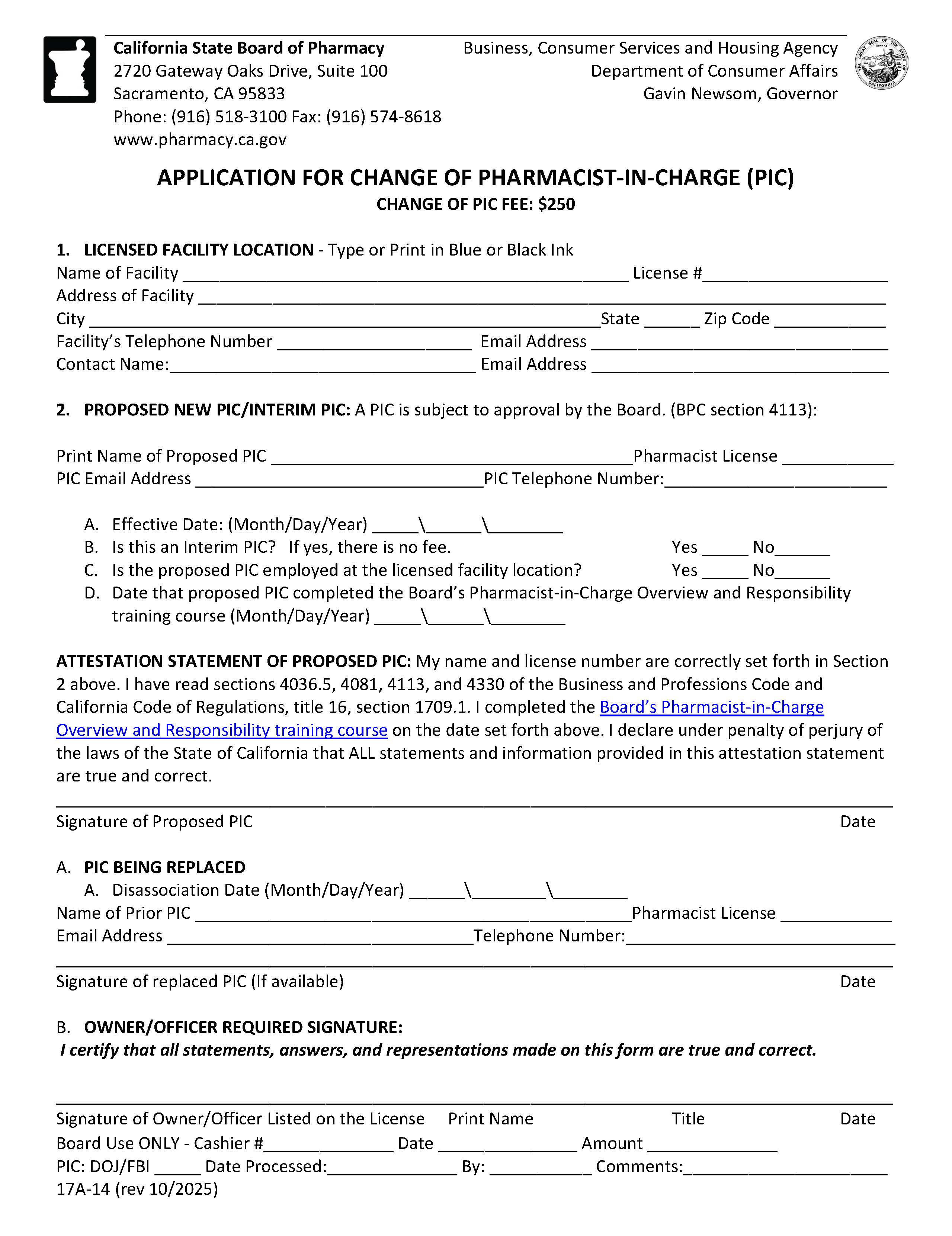 Application For Change Of Pharmacist-In-Charge {17A-14 } | Pdf Fpdf Docx | California