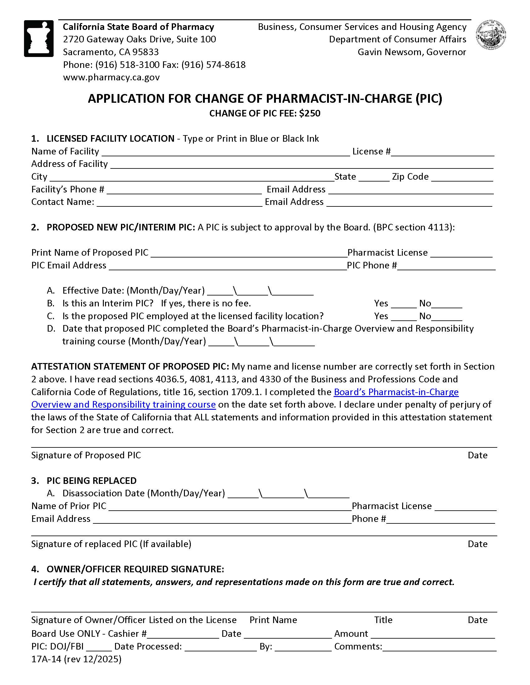 Application For Change Of Pharmacist-In-Charge {17A-14 } | Pdf Fpdf Docx | California
