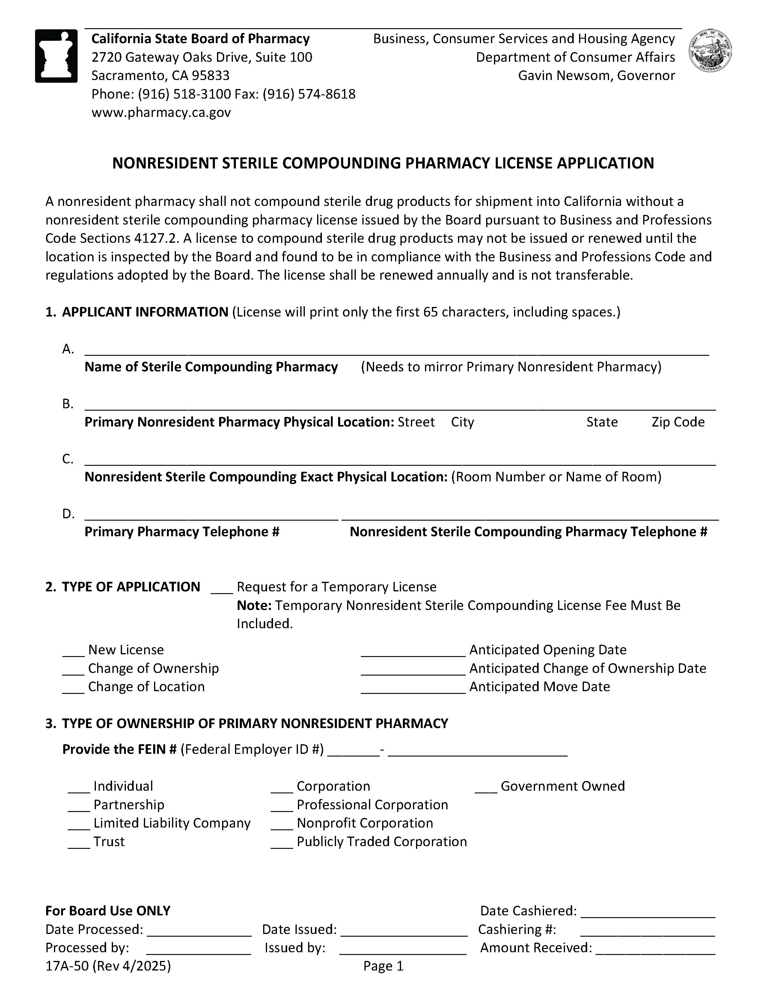 Application For Nonresident Pharmacy Sterile Compounding License {17A-50} | Pdf Fpdf Docx | California