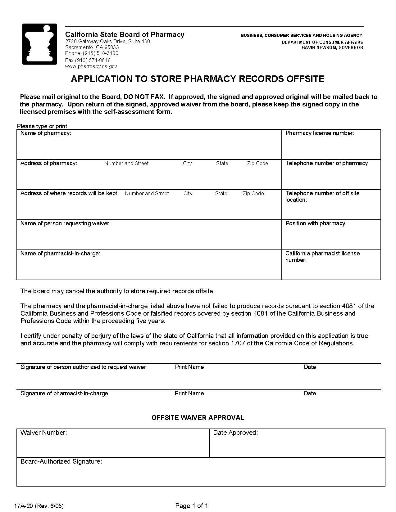 Application To Store Pharmacy Records Offsite {17A-20} | Pdf Fpdf Docx | California