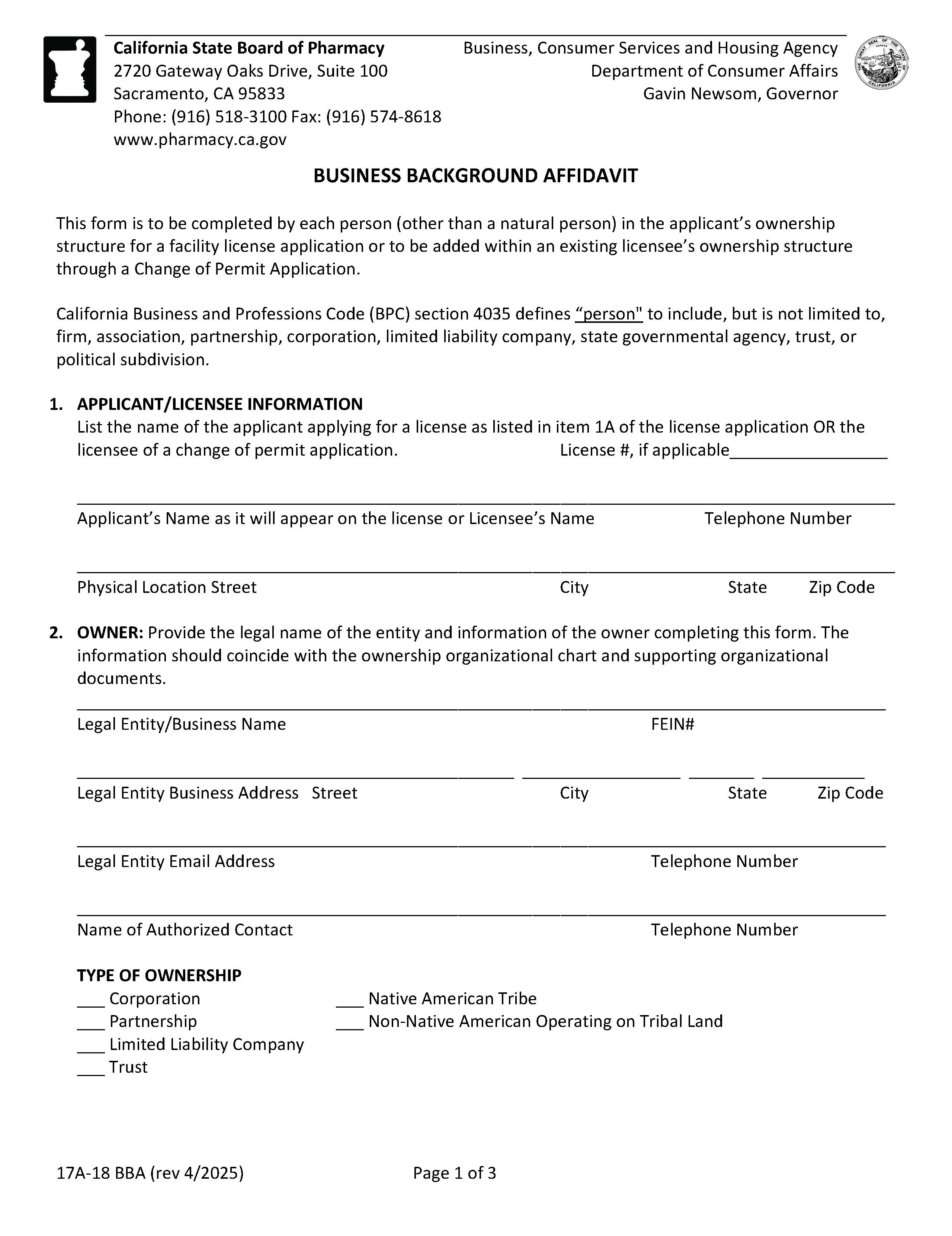 Business Background Affidavit {17A-18} | Pdf Fpdf Docx | California