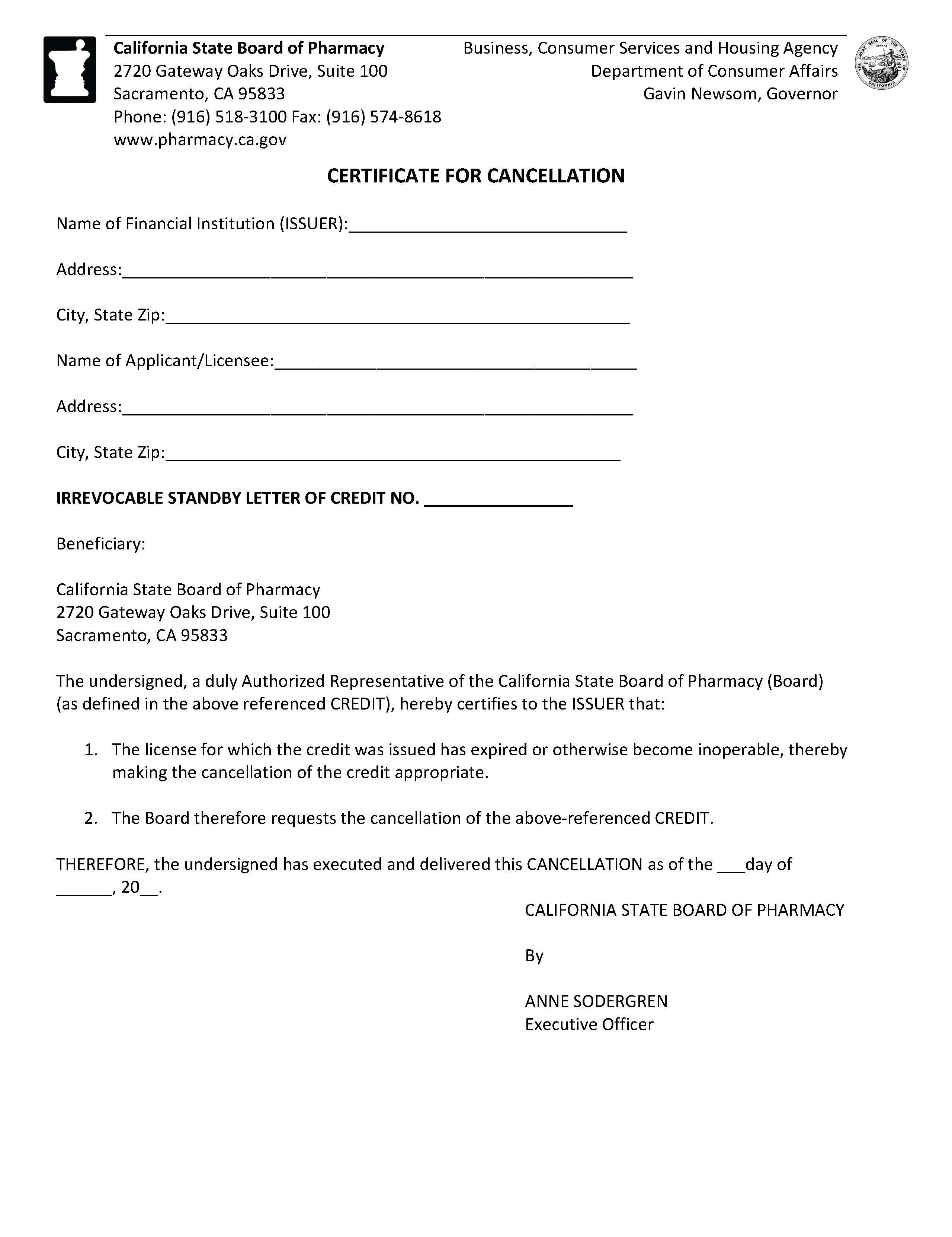 Certificate For Cancellation | Pdf Fpdf Docx | California