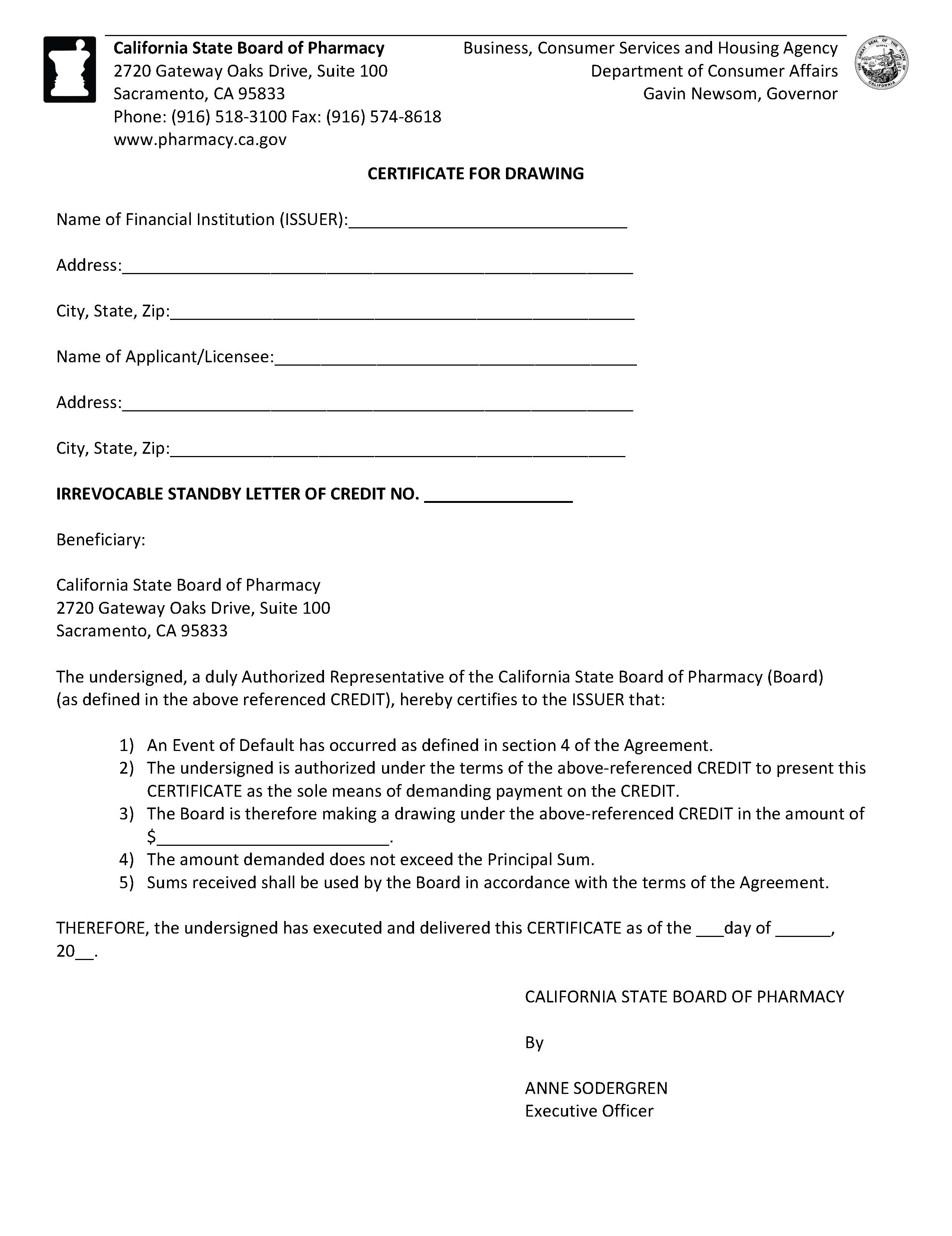 Certificate For Drawing Irrevocable Standby Letter Of Credit No. | Pdf Fpdf Docx | California