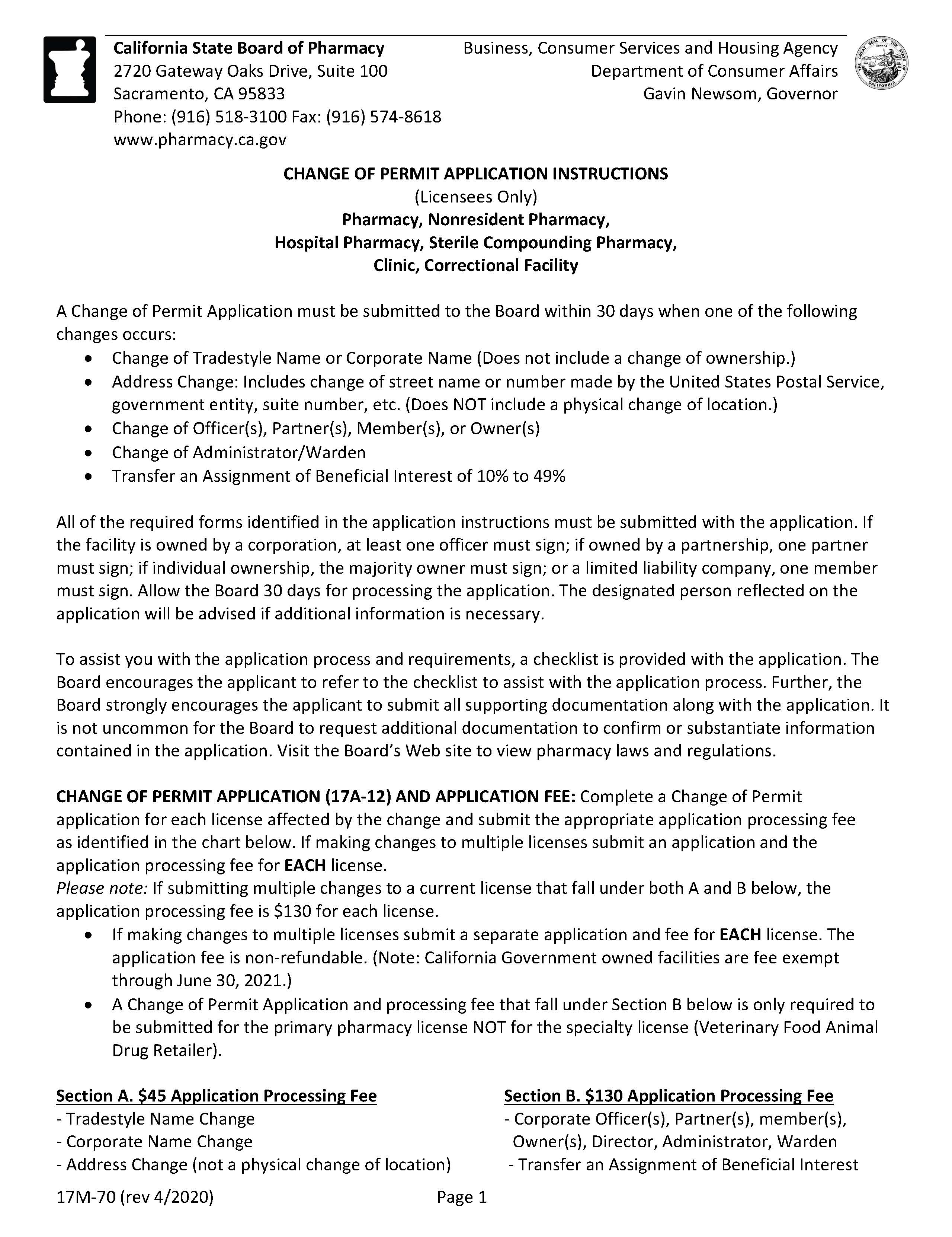 Change Of Permit Pharmacy Hospital Clinic Non Resident Pharmacy Licensed Correctional Facility (Instructions) {17M-70} | Pdf Fpdf Docx | California