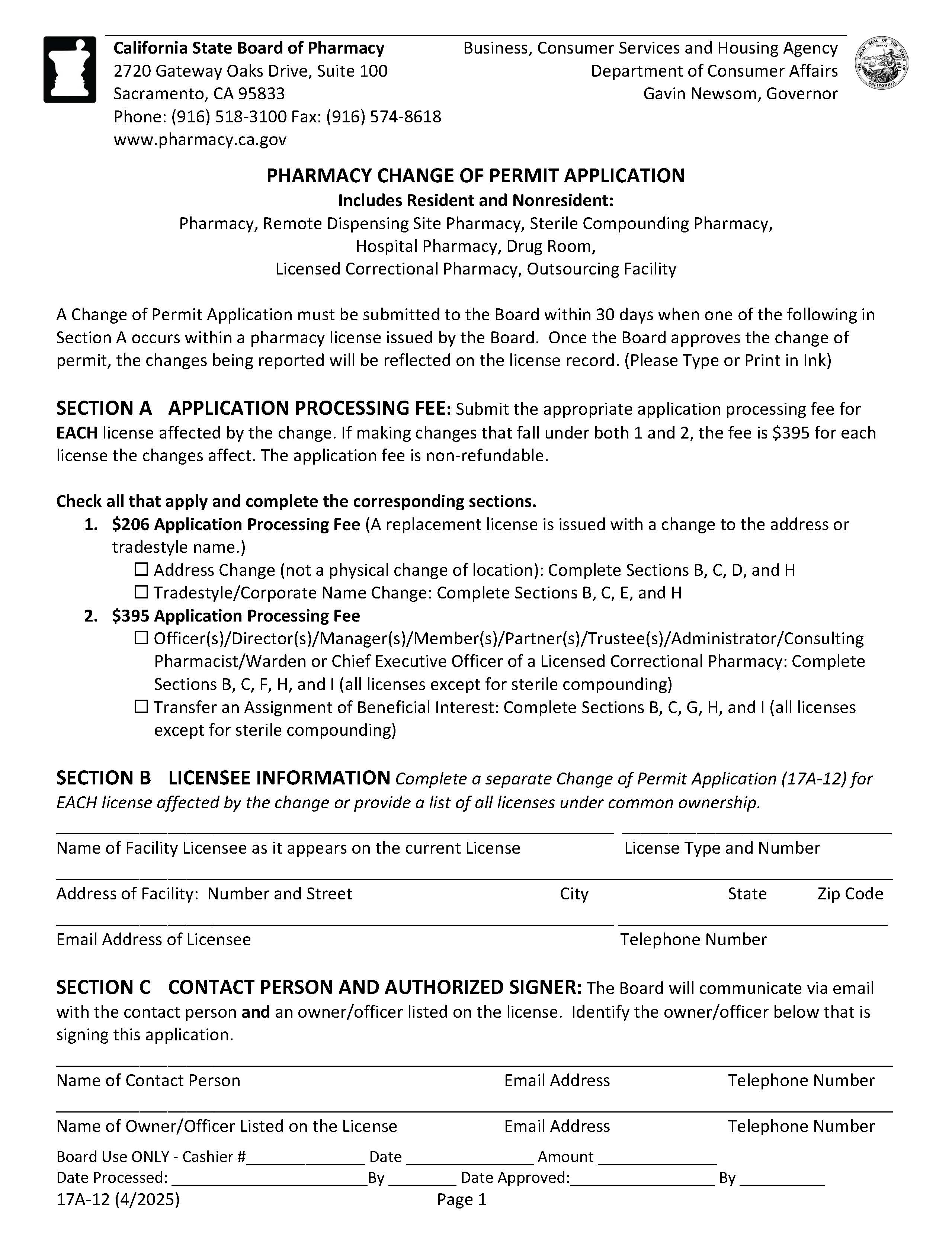 Change Of Permit Pharmacy Hospital Clinic Non-Resident Pharmacy Licensed Correctional Facility {17A-12} | Pdf Fpdf Docx | California