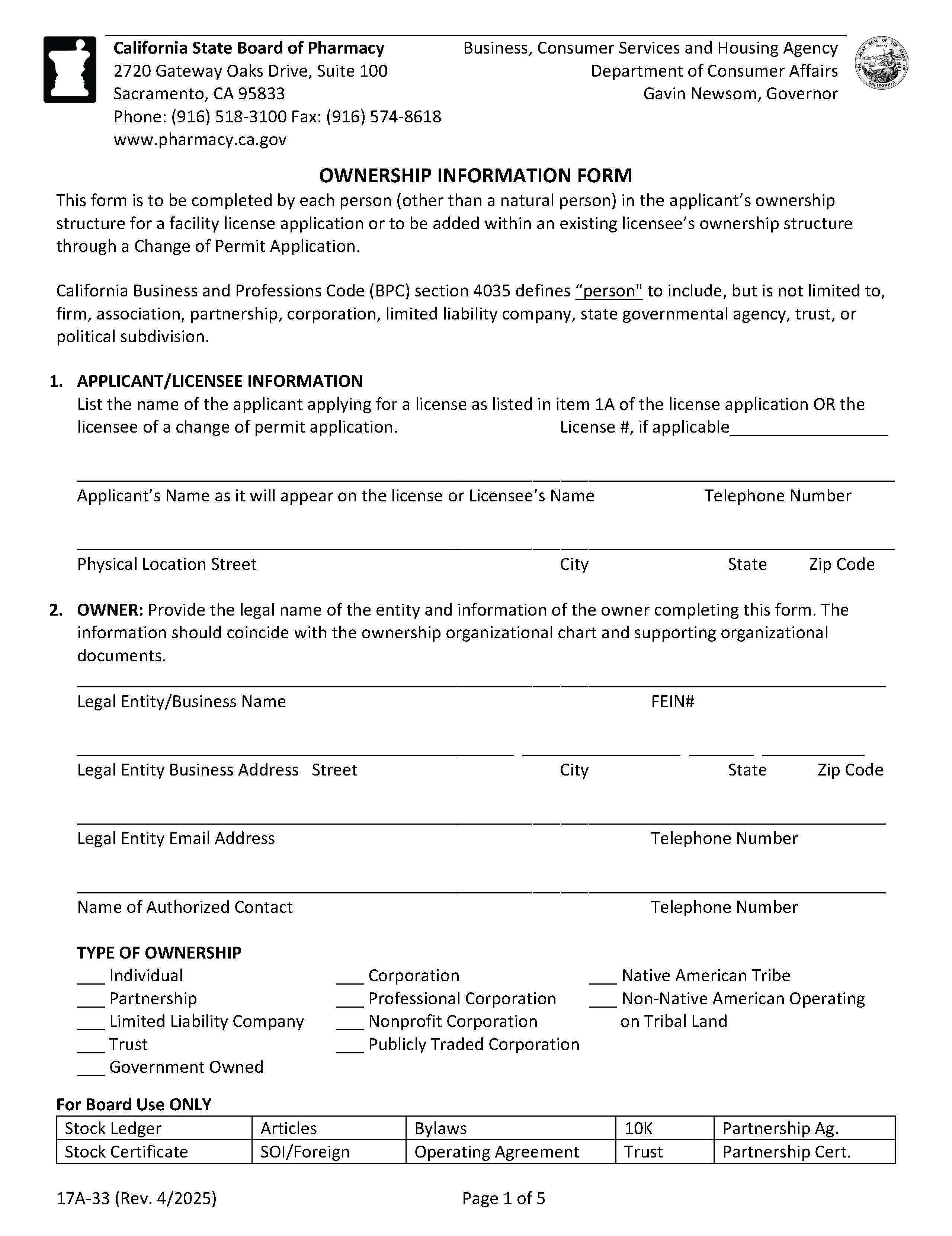 Corporation Ownership Information {17A-33} | Pdf Fpdf Docx | California