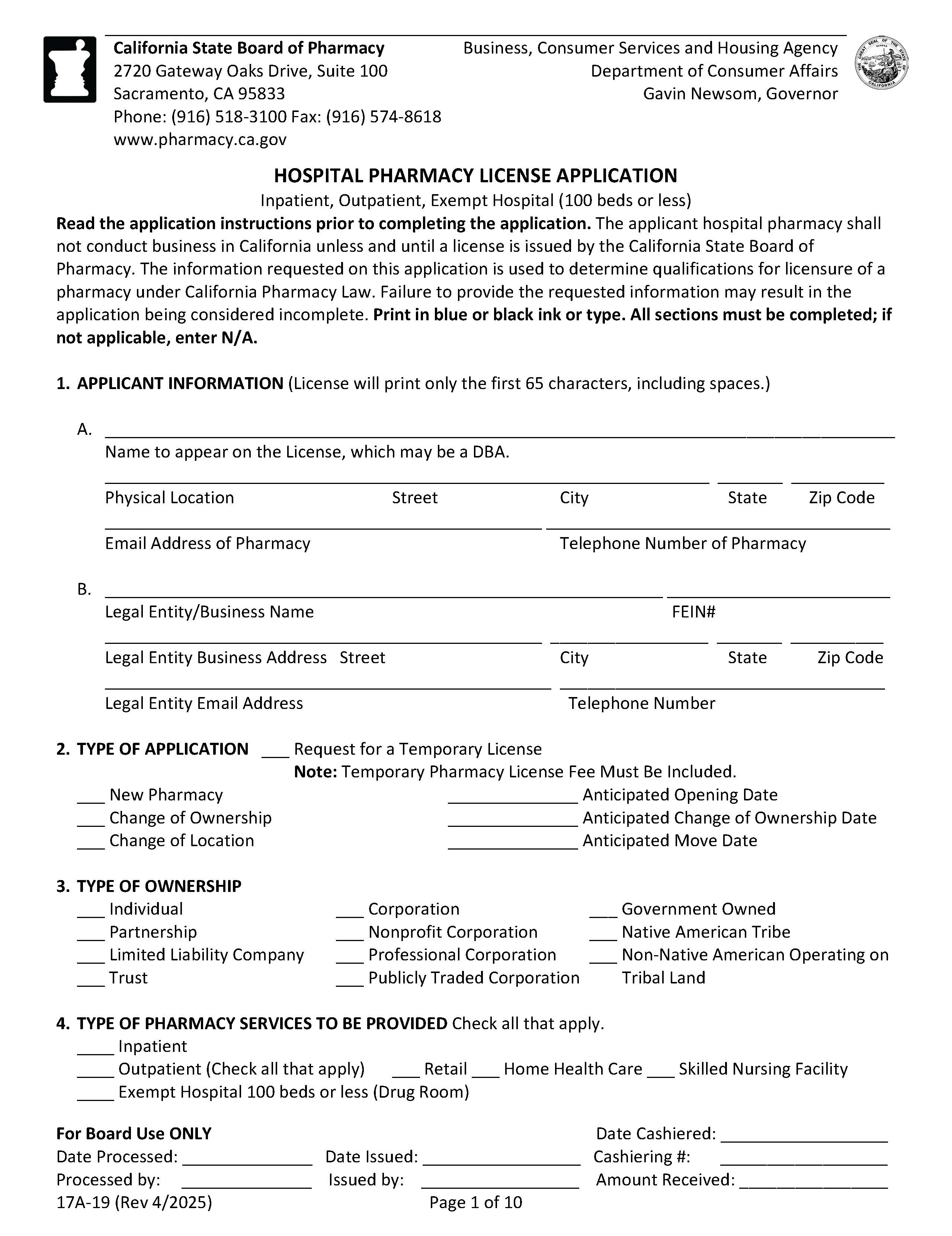 Hospital Pharmacy Permit Application {17A-19} | Pdf Fpdf Docx | California