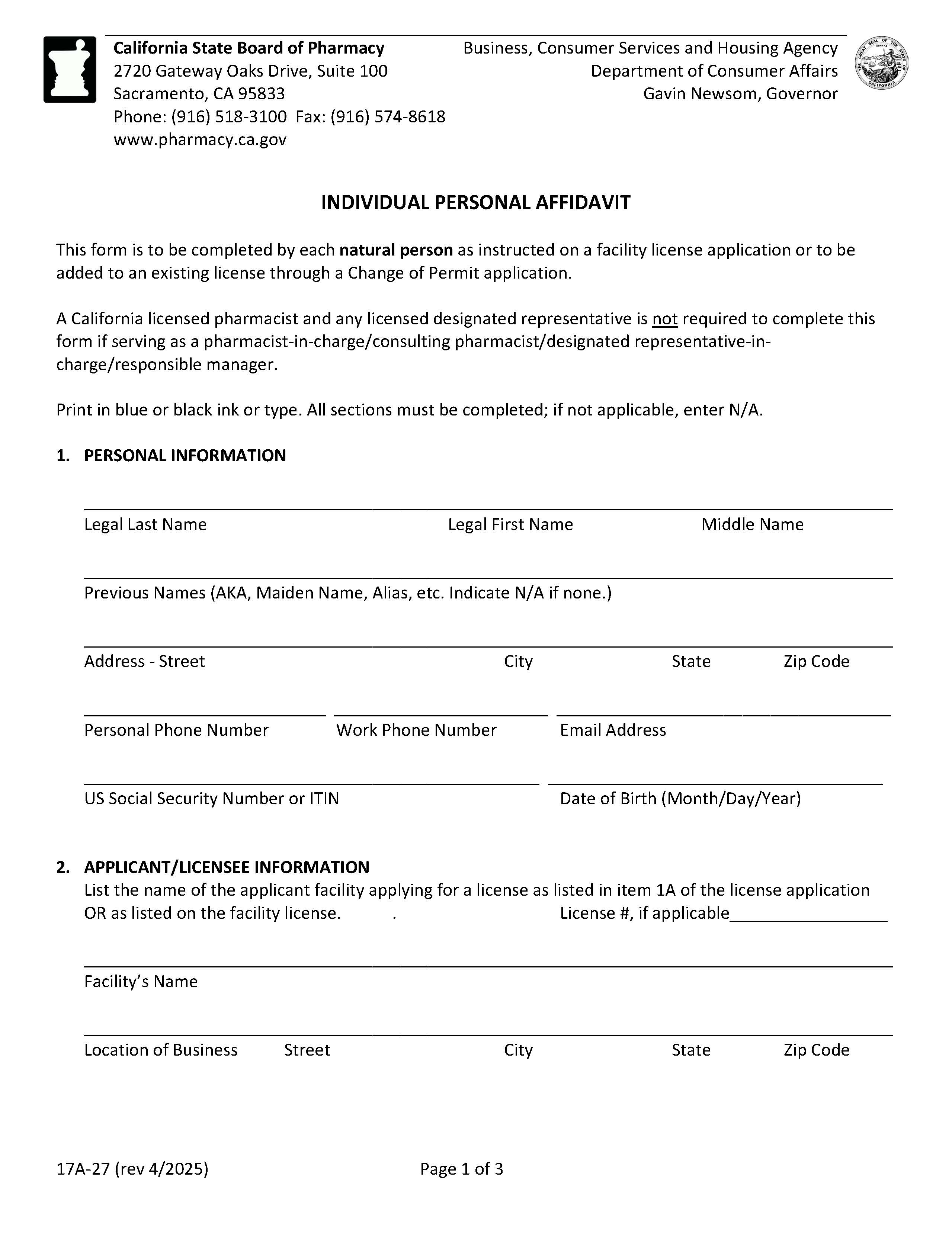 Individual Personal Affidavit {17A-27} | Pdf Fpdf Docx | California