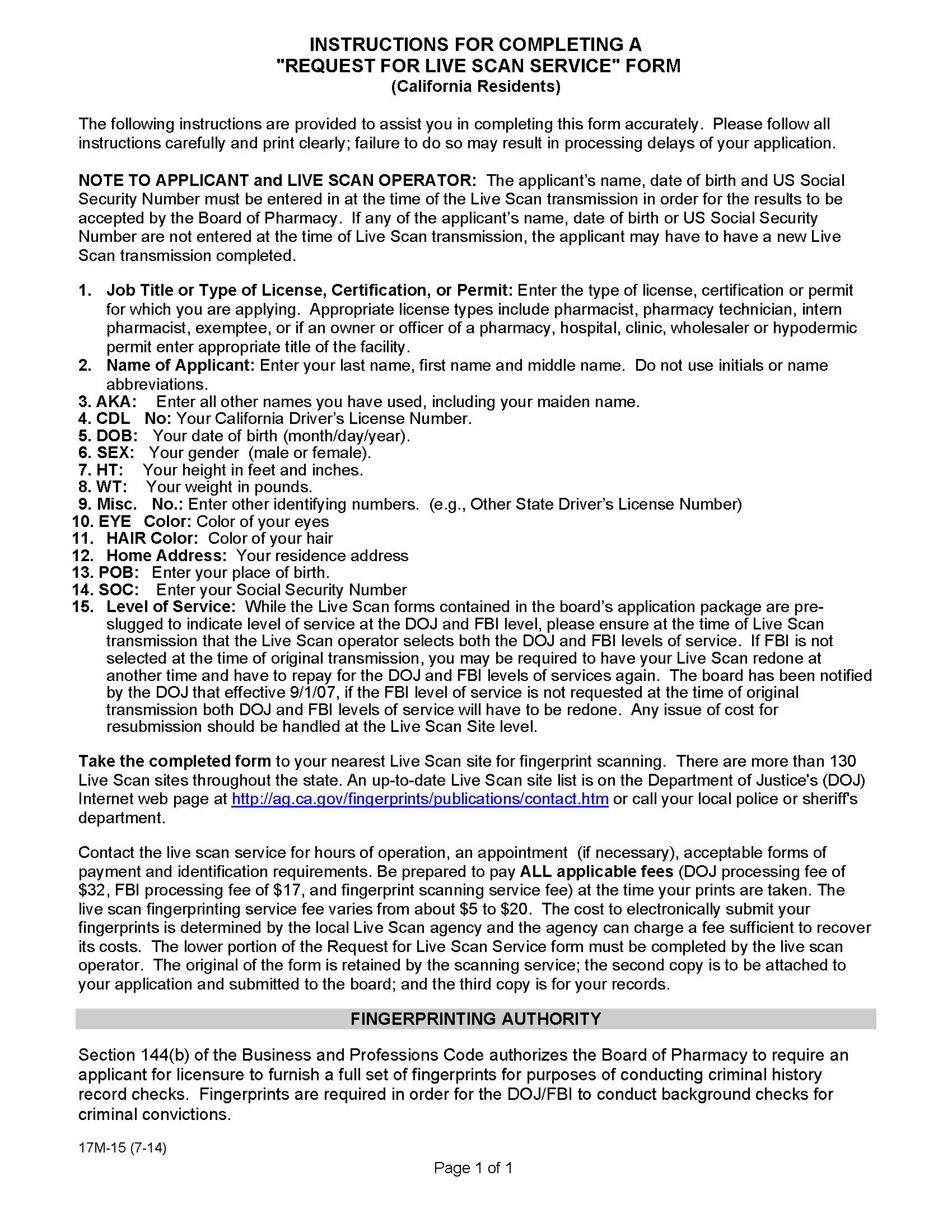 Instructions For Completing A Request For Live Scan Service Form (California Residents) {17M-15} | Pdf Fpdf Doc Docx | California