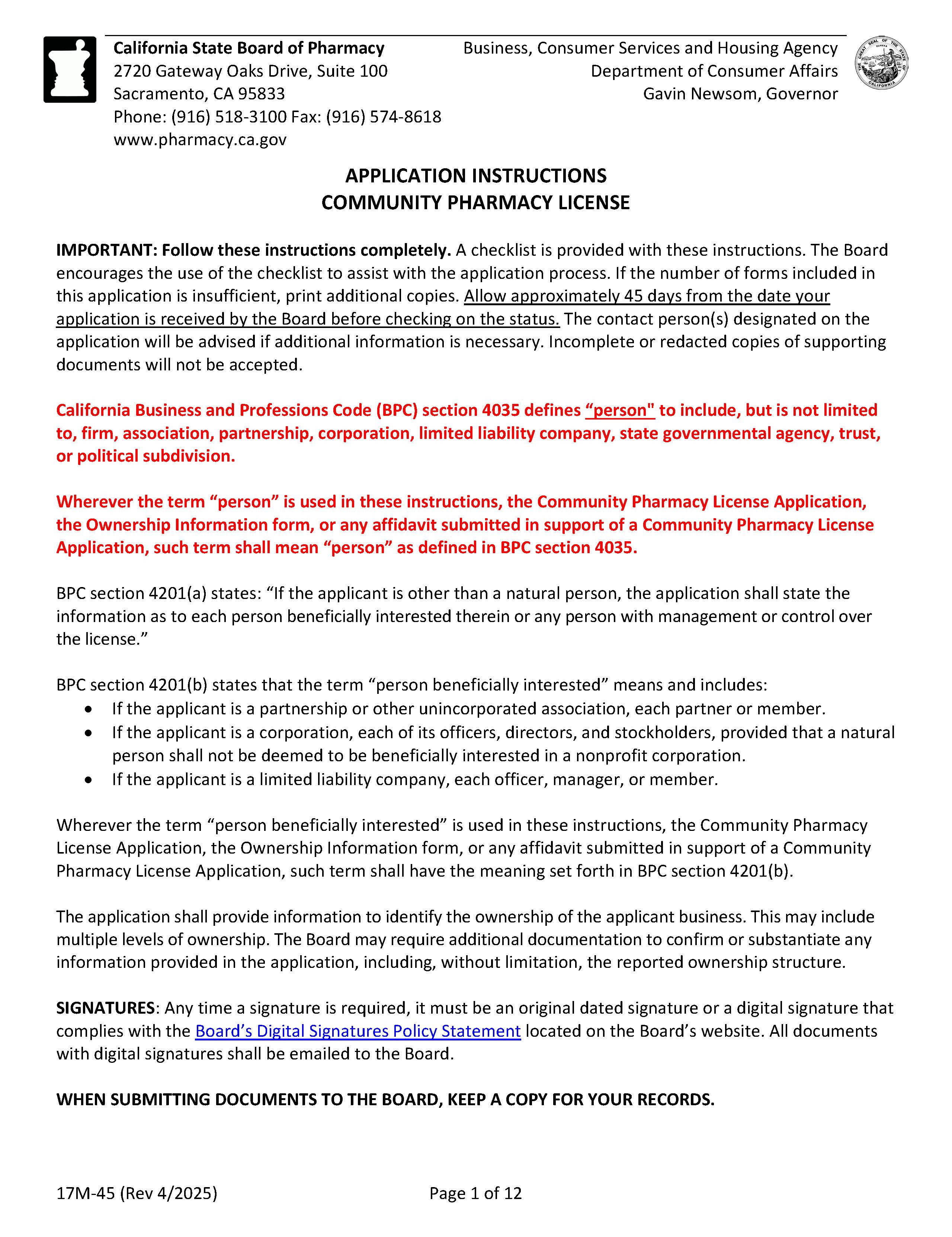 Instructions For Filing A Community Pharmacy Application {17M-45} | Pdf Fpdf Docx | California