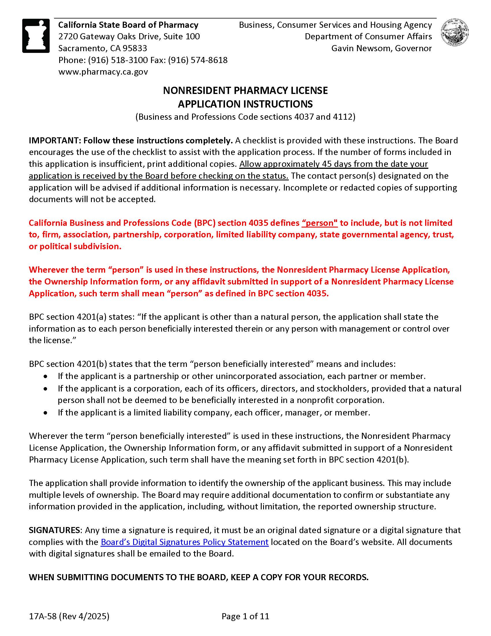 Instructions For Filing A Non-Resident Pharmacy Application {17A-58} | Pdf Fpdf Docx | California