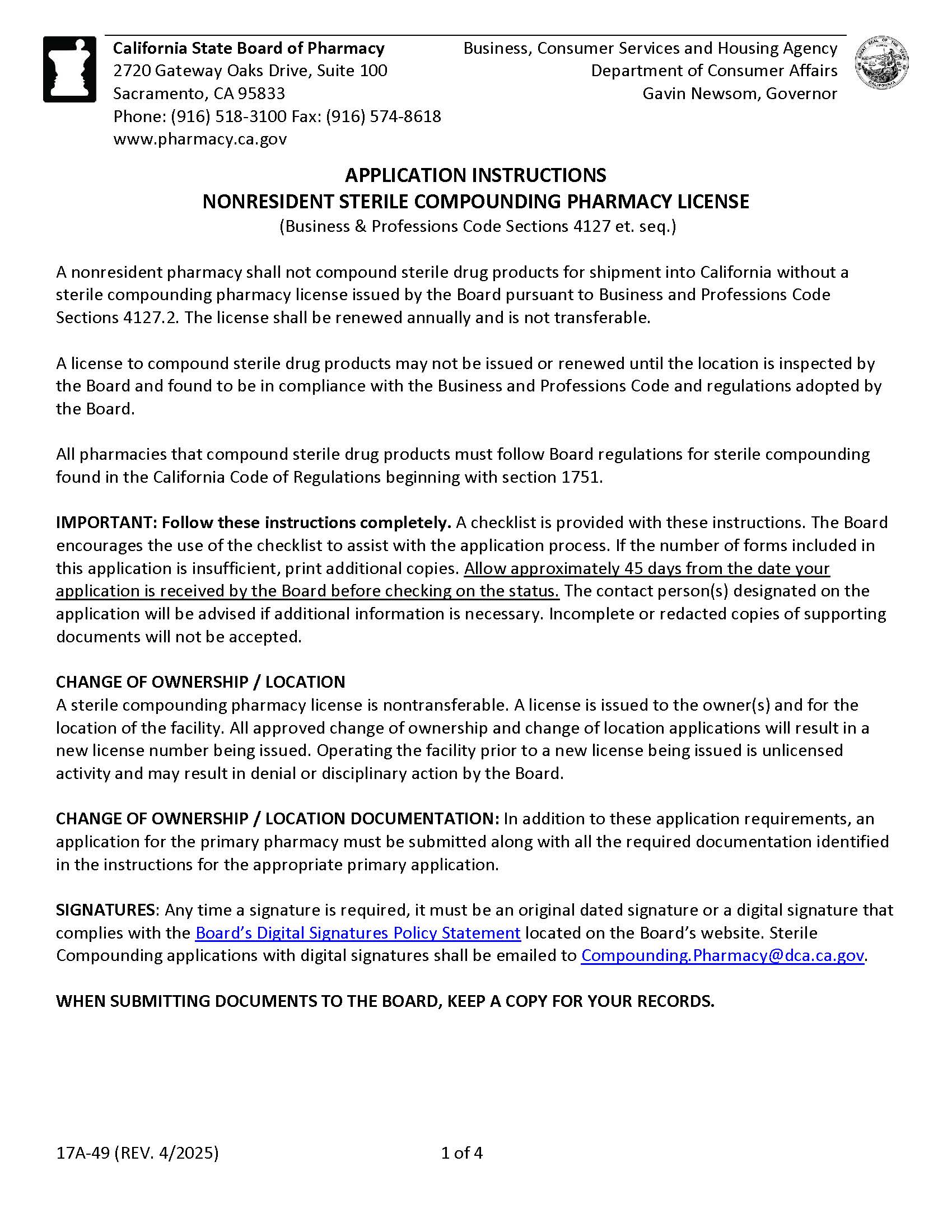 Instructions For Filing An Application For Nonresident Pharmacy Sterile Compounding License {17A-49} | Pdf Fpdf Docx | California