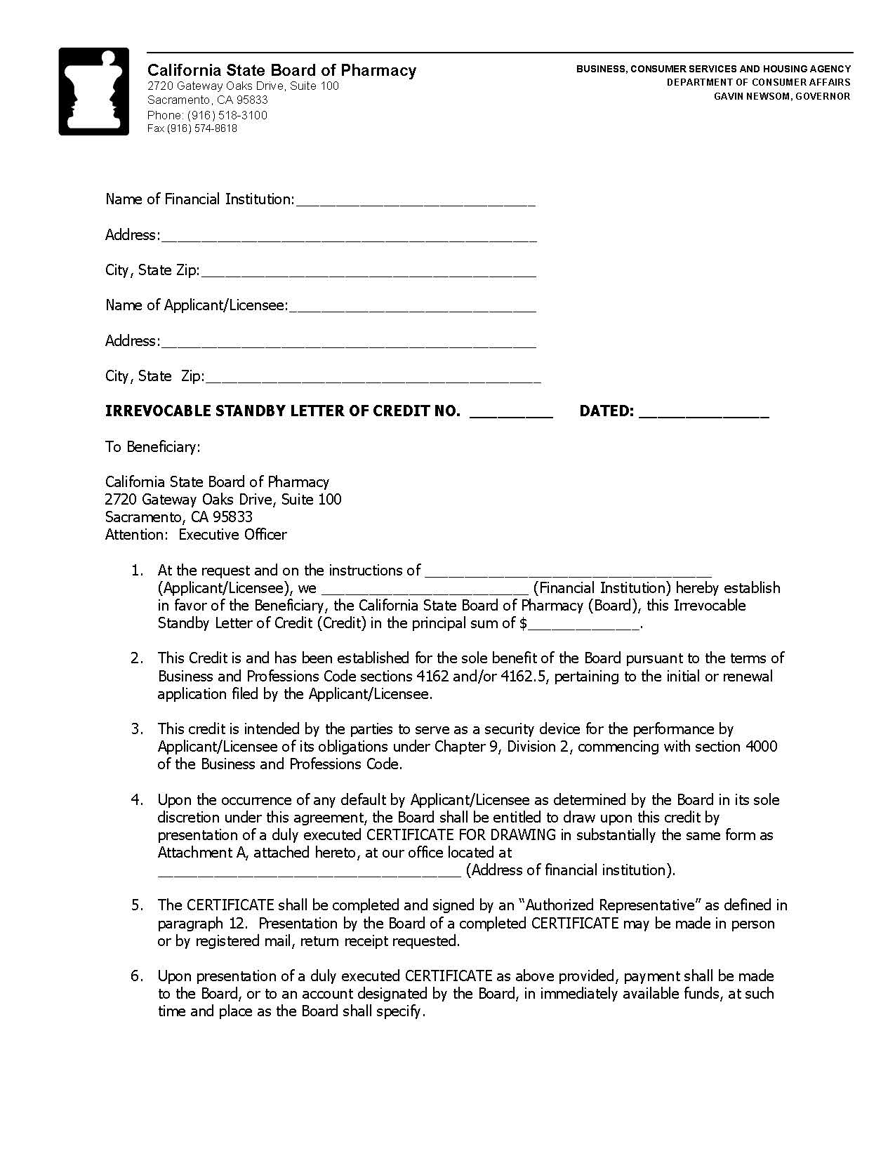 Irrevocable Standby Letter Of Credit No. | Pdf Fpdf Docx | California