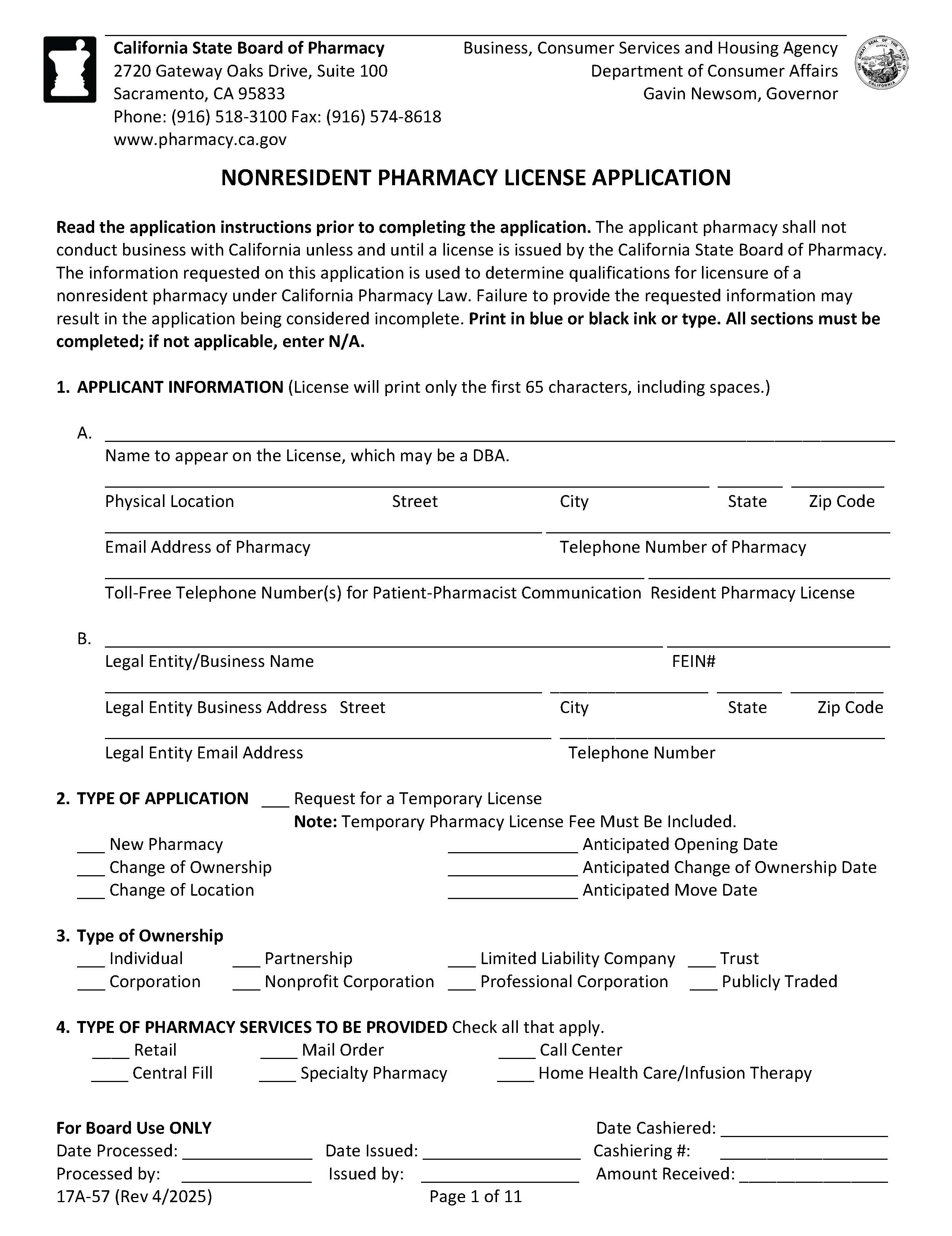 Nonresident Pharmacy Permit Application {17A-57} | Pdf Fpdf Docx | California