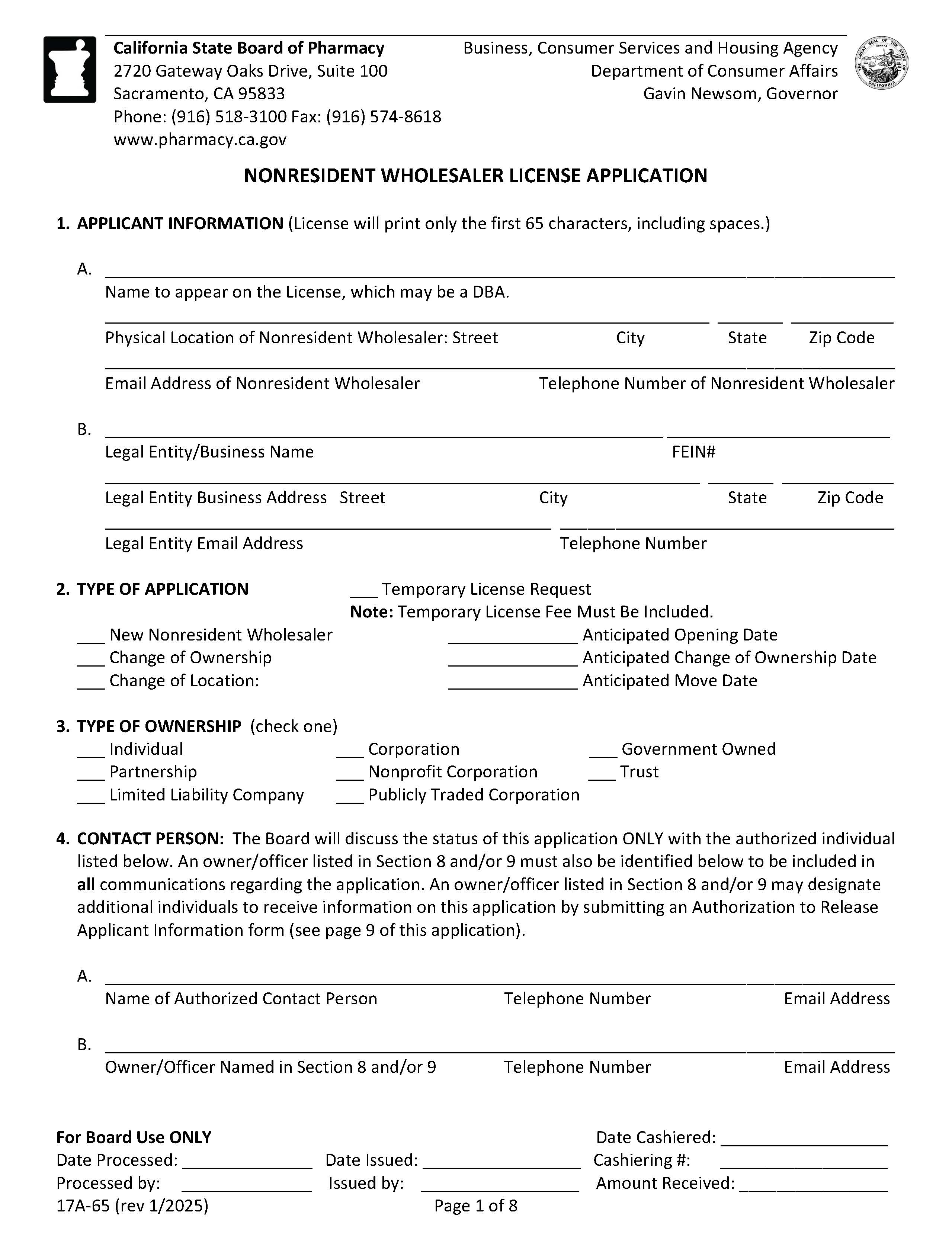 Nonresident Wholesaler License Application {17A-65 } | Pdf Fpdf Docx | California
