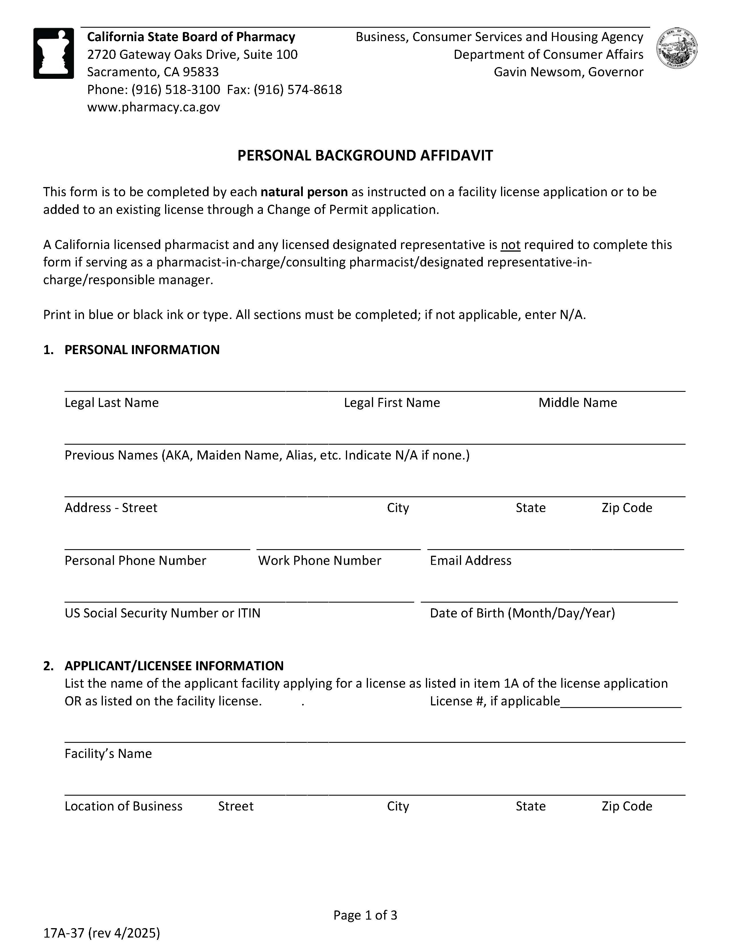 Personal Background Affidavit {17A-37} | Pdf Fpdf Docx | California