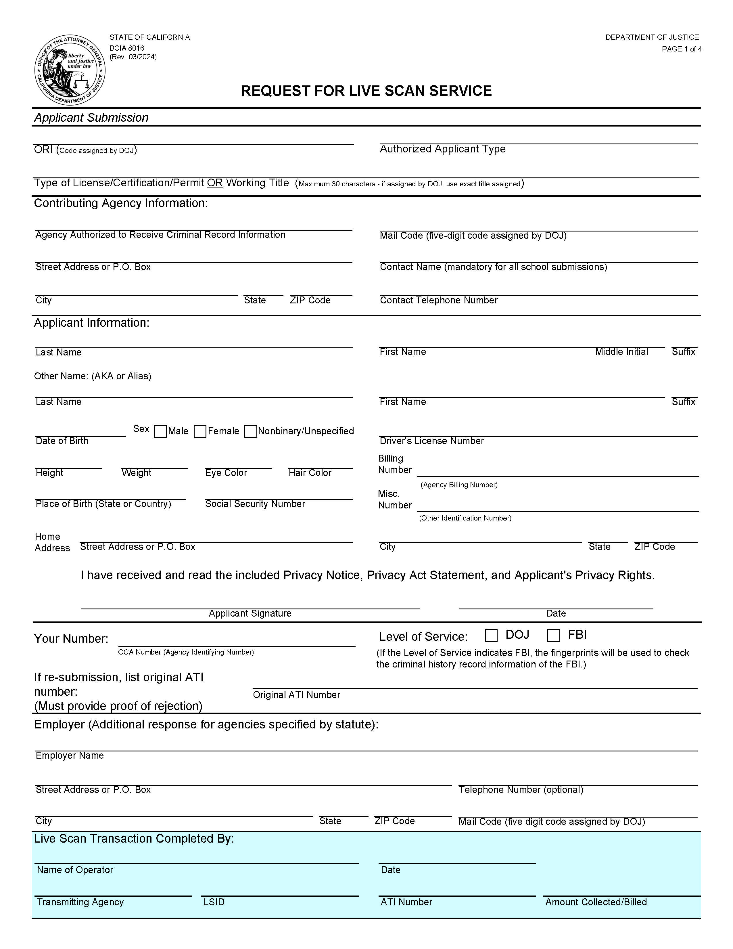 Request For Live Scan Service (Board Of Pharmacy) {BCII 8016} | Pdf Fpdf Docx | California