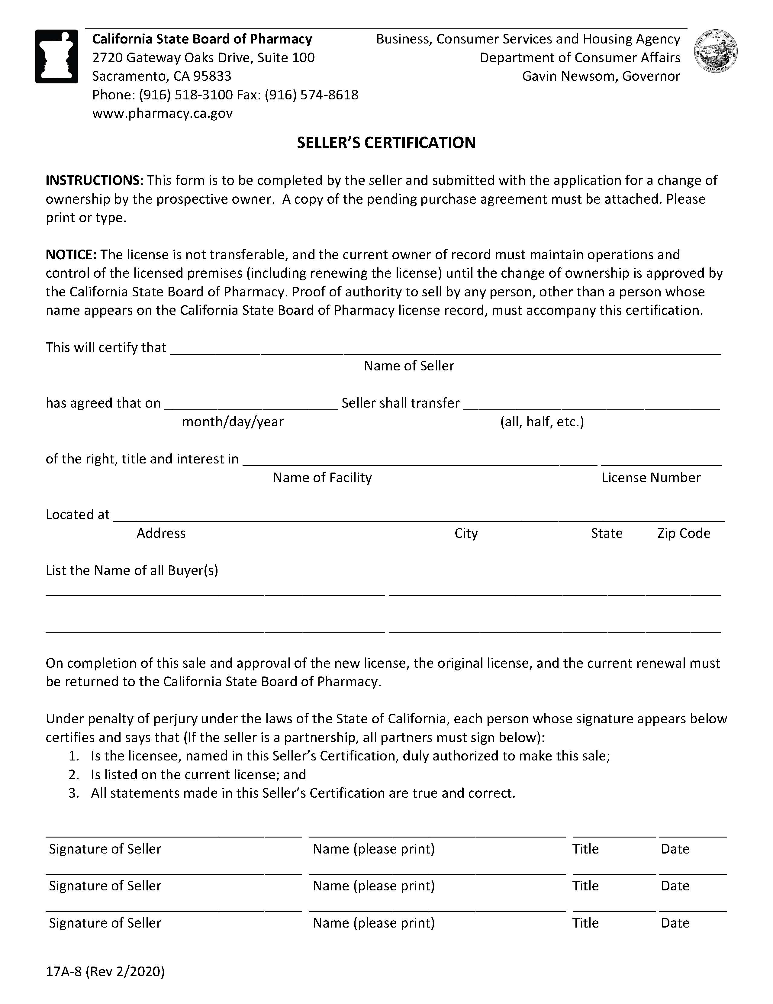 Sellers Certification {17A-8} | Pdf Fpdf Docx | California
