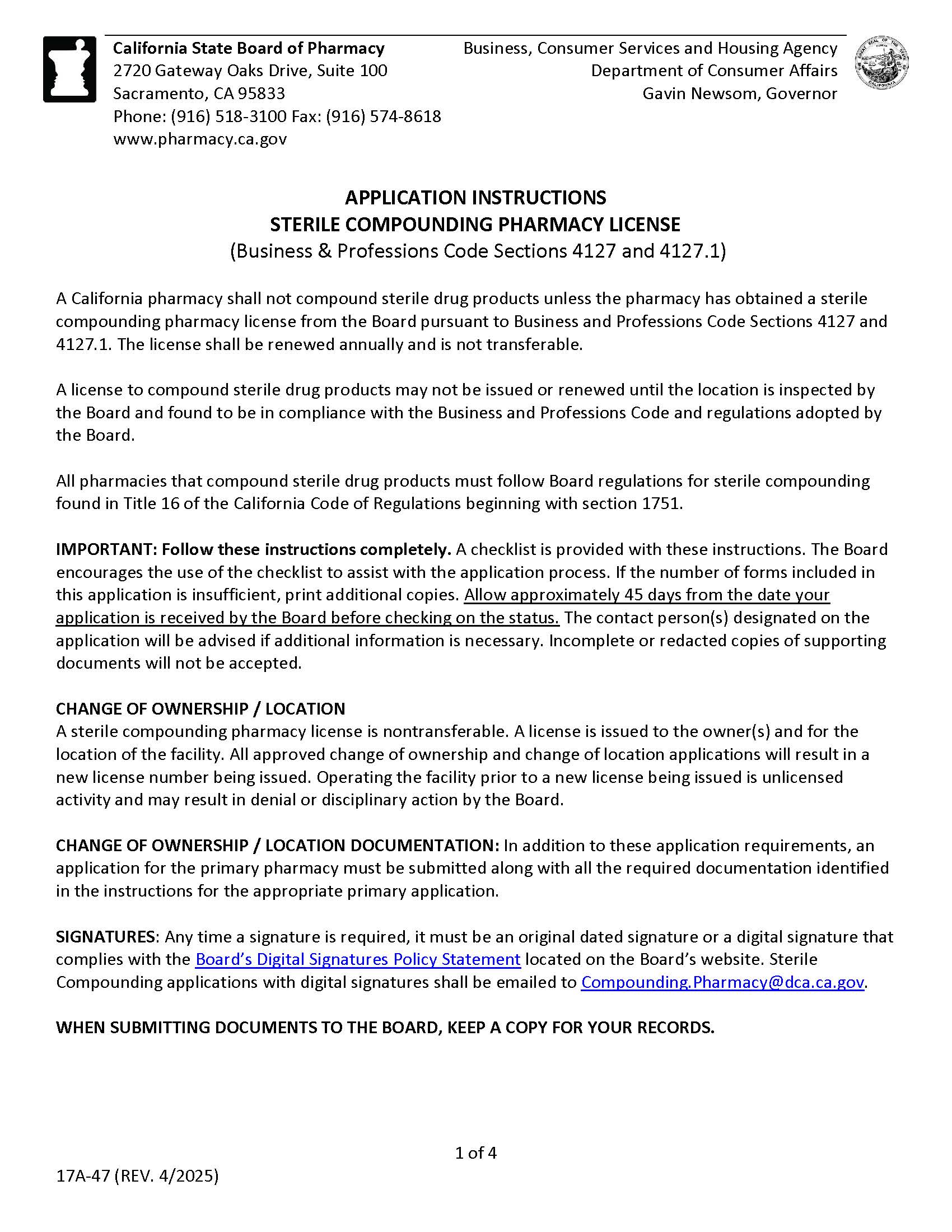 Sterile Compounding Pharmacy License Application Instructions {17A-47} | Pdf Fpdf Docx | California