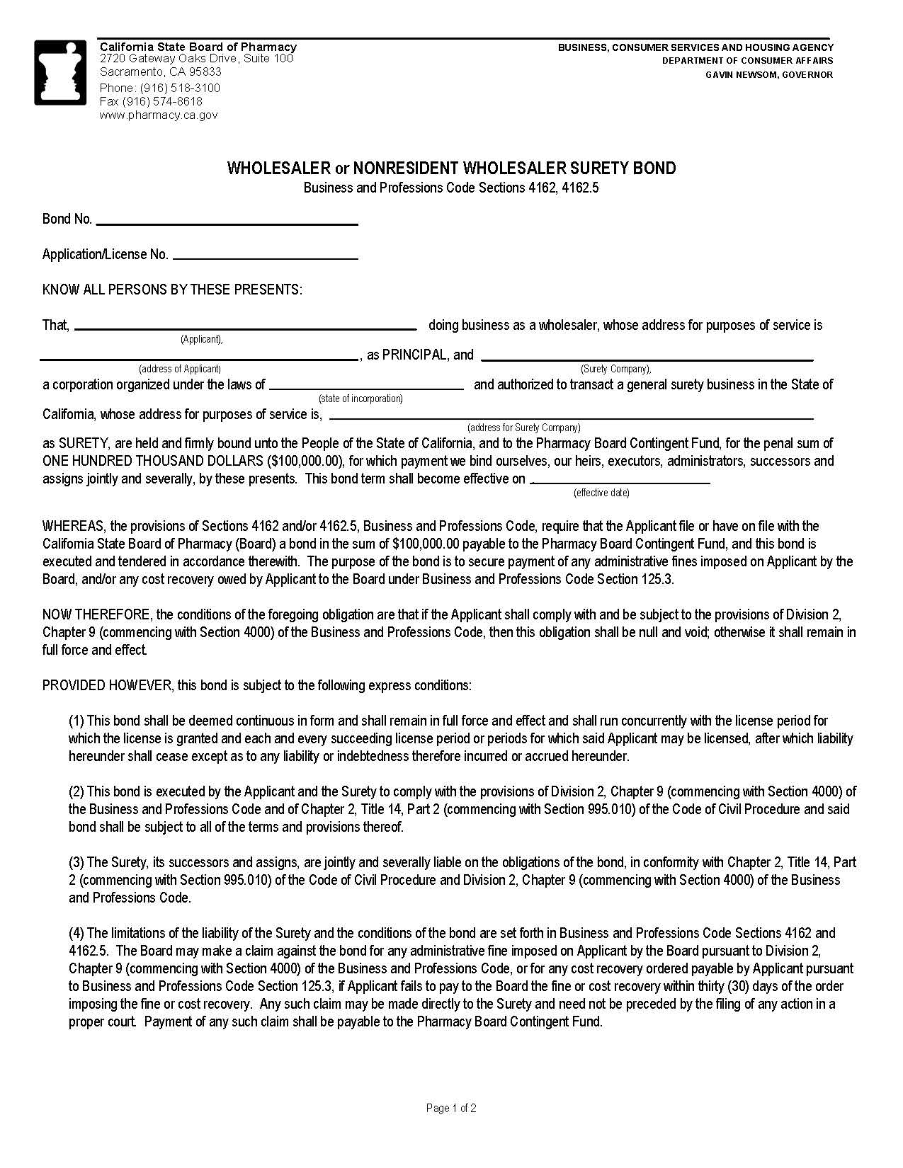 Wholesaler Or Nonresident Wholesaler Surety Bond Business And Professions Code Sections 4162 4162.5 | Pdf Fpdf Docx | California