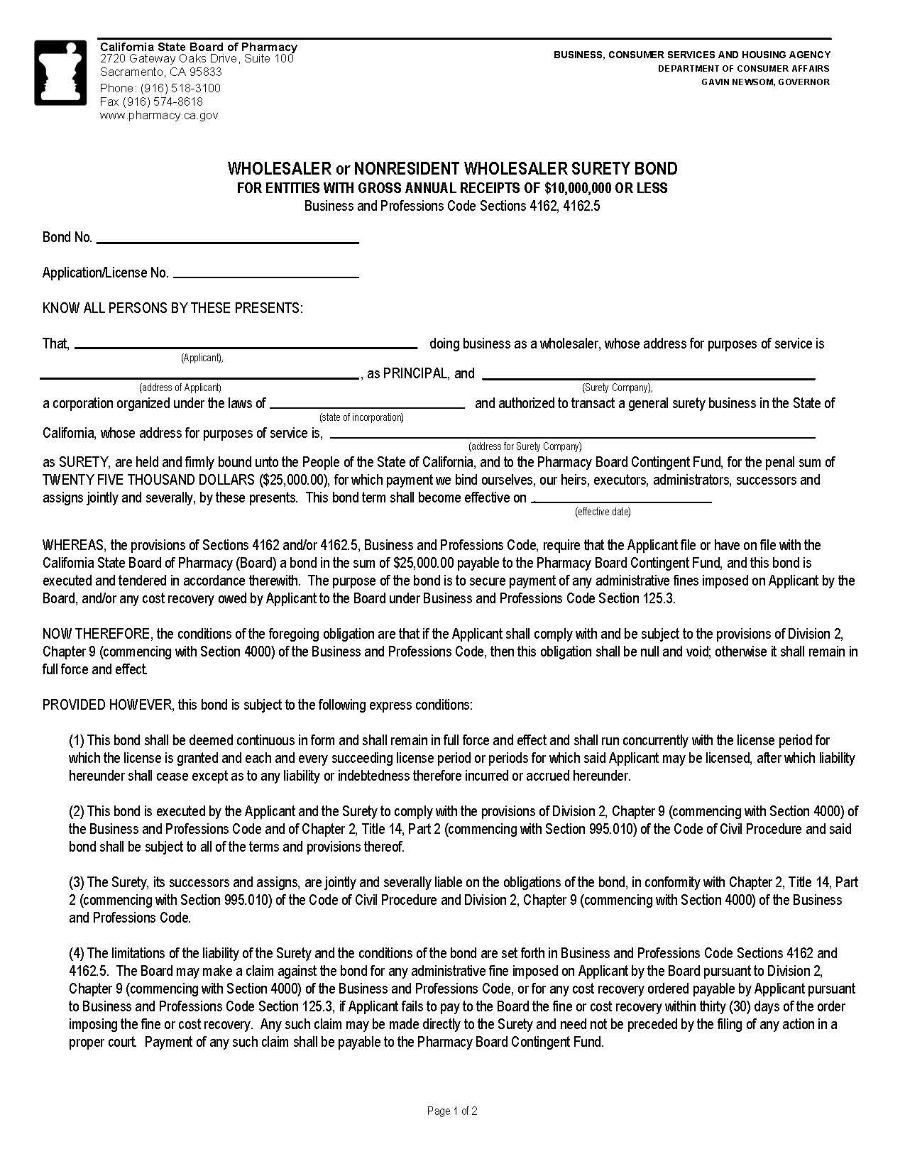 Wholesaler Or Nonresident Wholesaler Surety Bond For Entities With Gross Annual Receipts Of 10000 Or Less | Pdf Fpdf Docx | California