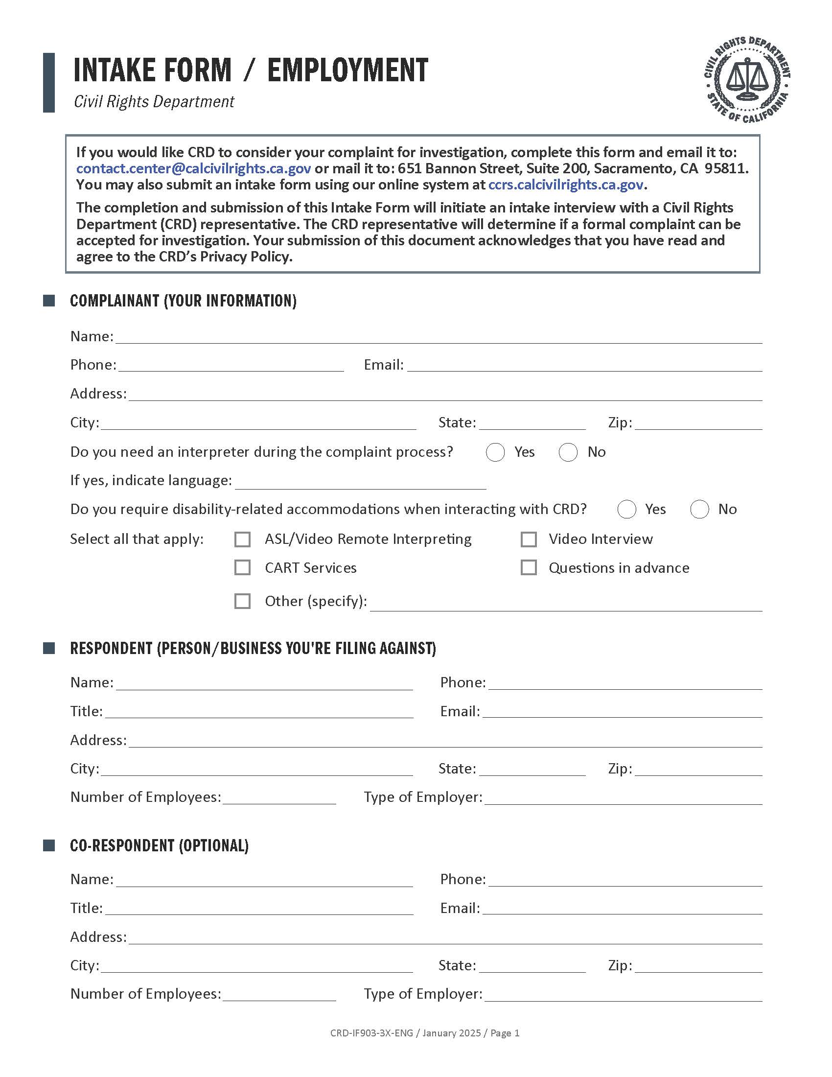 Intake Form Employment (Discrimination Harassment And Or Retaliation) {CRD-IF903-3X-ENG} | Pdf Fpdf Docx | California