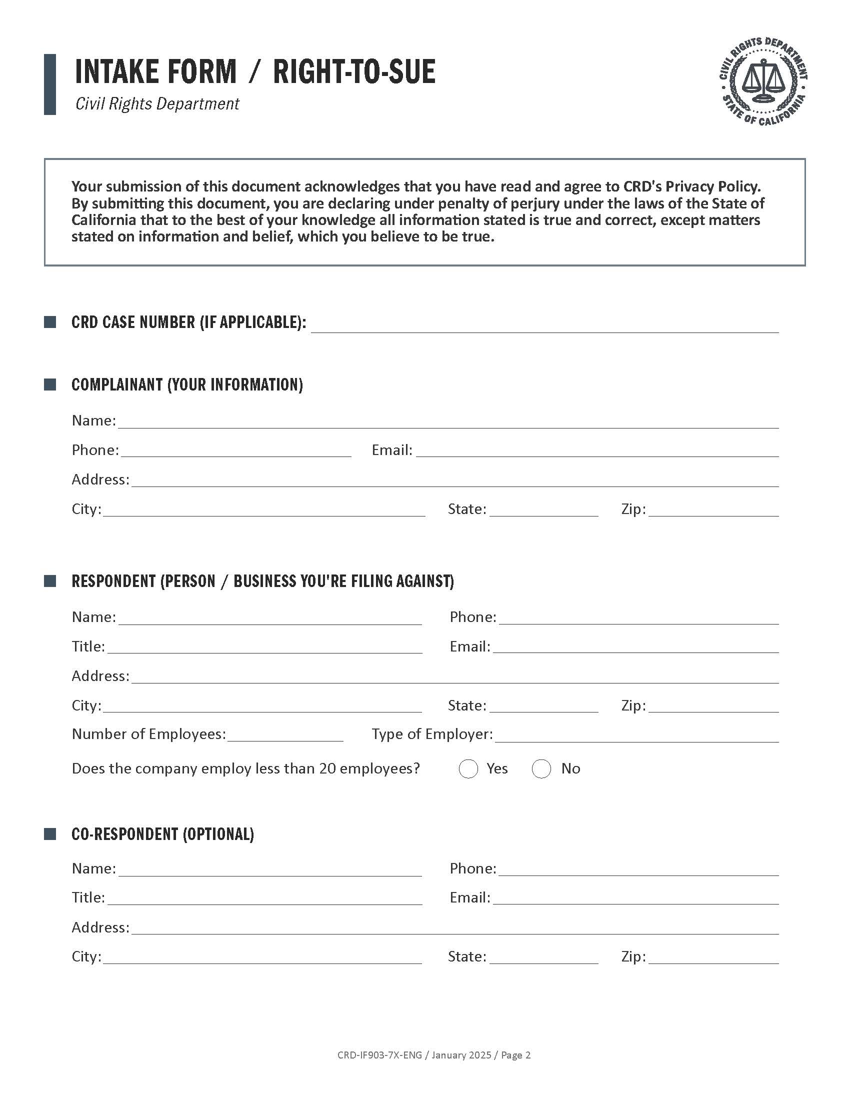 Right-To-Sue (Employment Cases Only) {CRD-IF903-7X-ENG} | Pdf Fpdf Docx | California