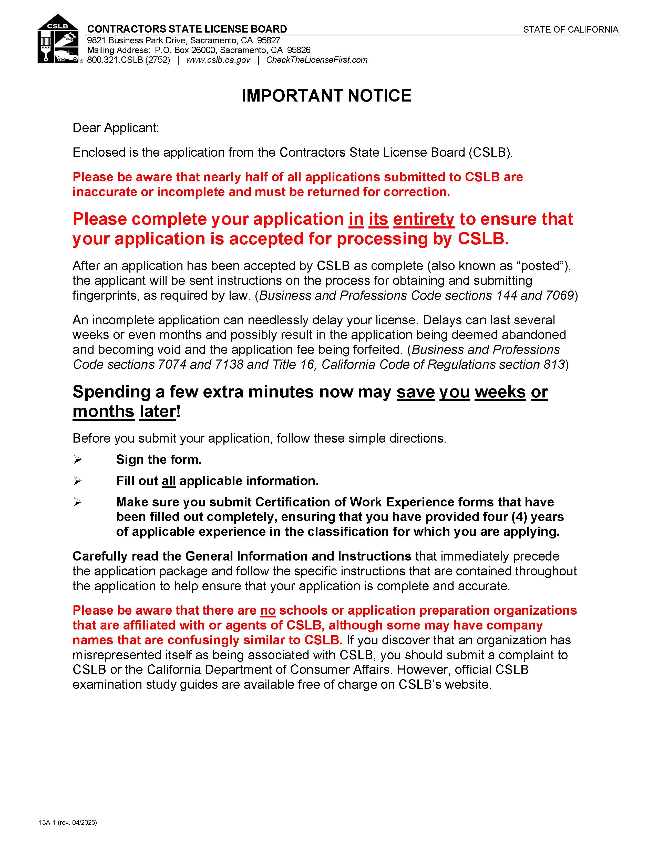 Application For Original Contractors License {13A-1} | Pdf Fpdf Docx | California